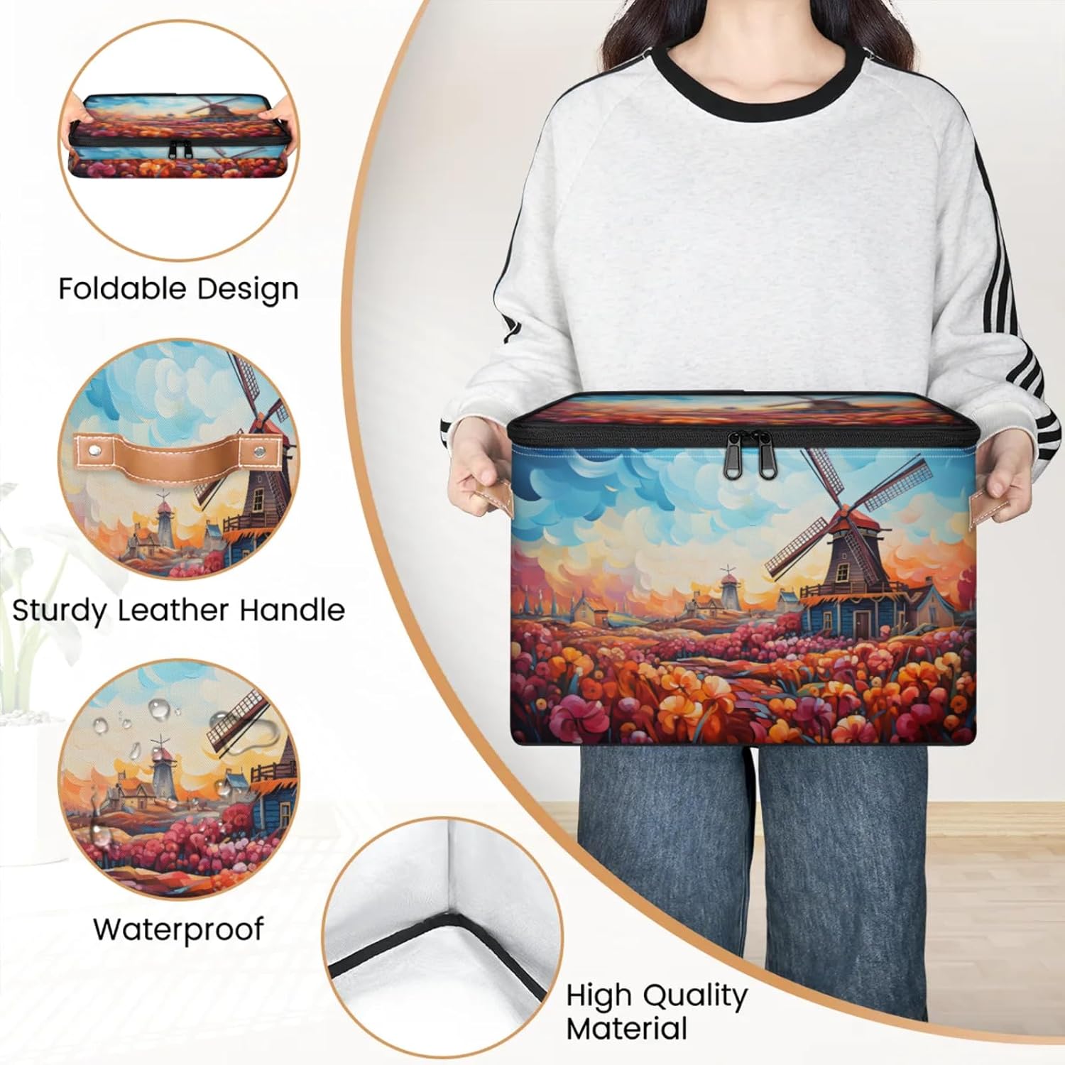 Storage Bin Set of 2 Oil Painting Windmill Storage Basket with Zipper Lid & Handle Foldable Closet Shelf 2 Pack Cloth Organizer Basket Cube Bins Clothes Organizer for Nursery, Bedroom
