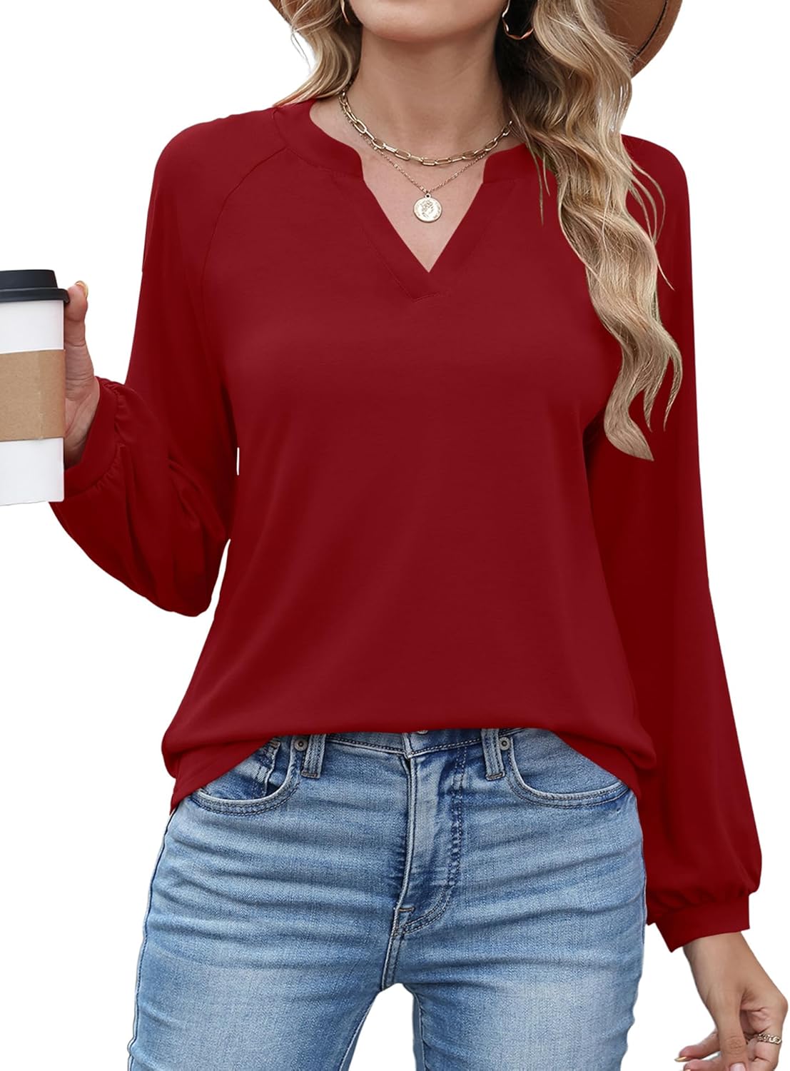 AKEWEI Women's Blouses V Neck Dressy Casual Lantern Long Sleeve Tops Business Work Raglan Shirts Fashion