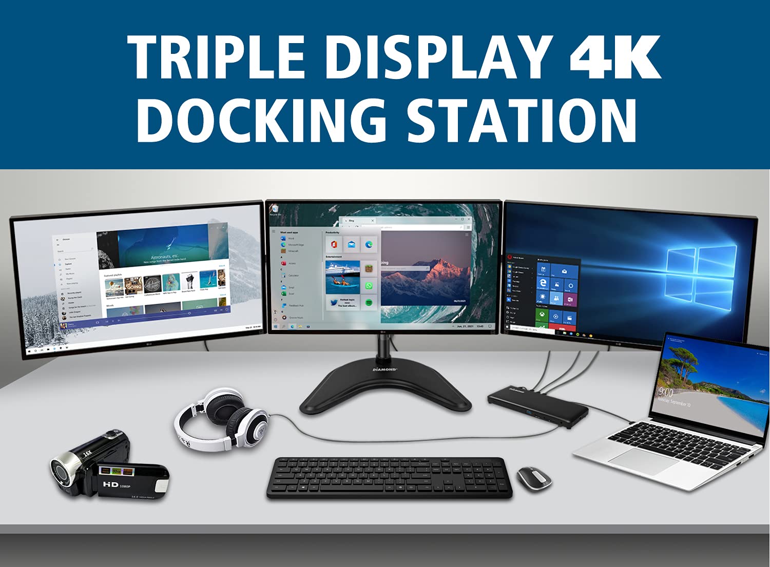 Diamond Multimedia USB-C Triple Display Docking Station with Charging Supports Windows, Mac USB Type-C and Thunderbolt 3 Type-C, 4K Monitors. x2 DisplayPort, x4 USB 3.0, HDMI, 65W PD (UDC1000)