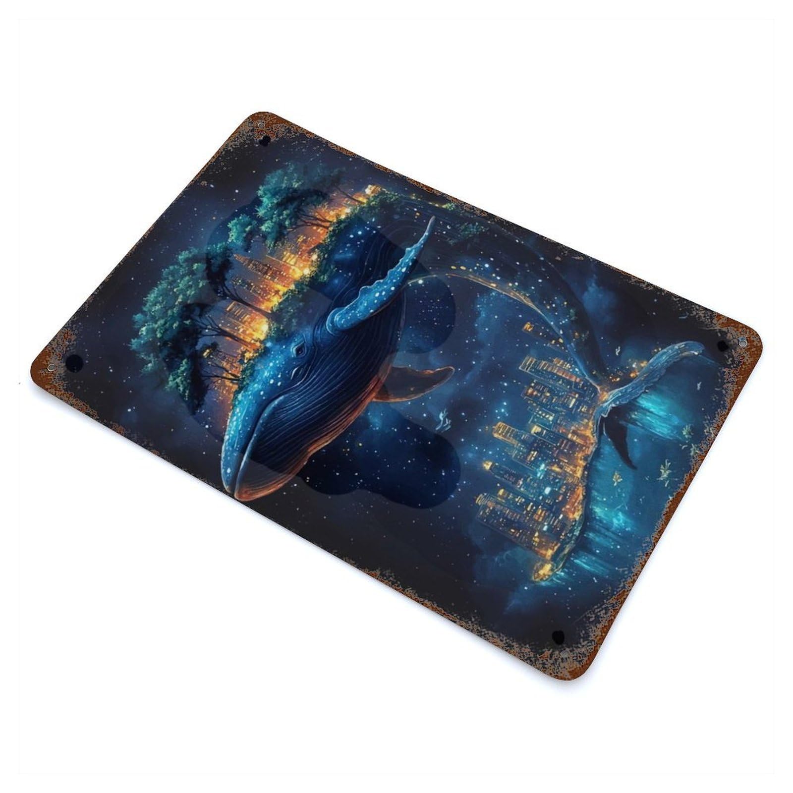 Whale Cityscape Starry Night Retro Metal Sign 11.8"x7.9", for Pub, Kitchen And Man Cave Decor, Industrial Home Decor