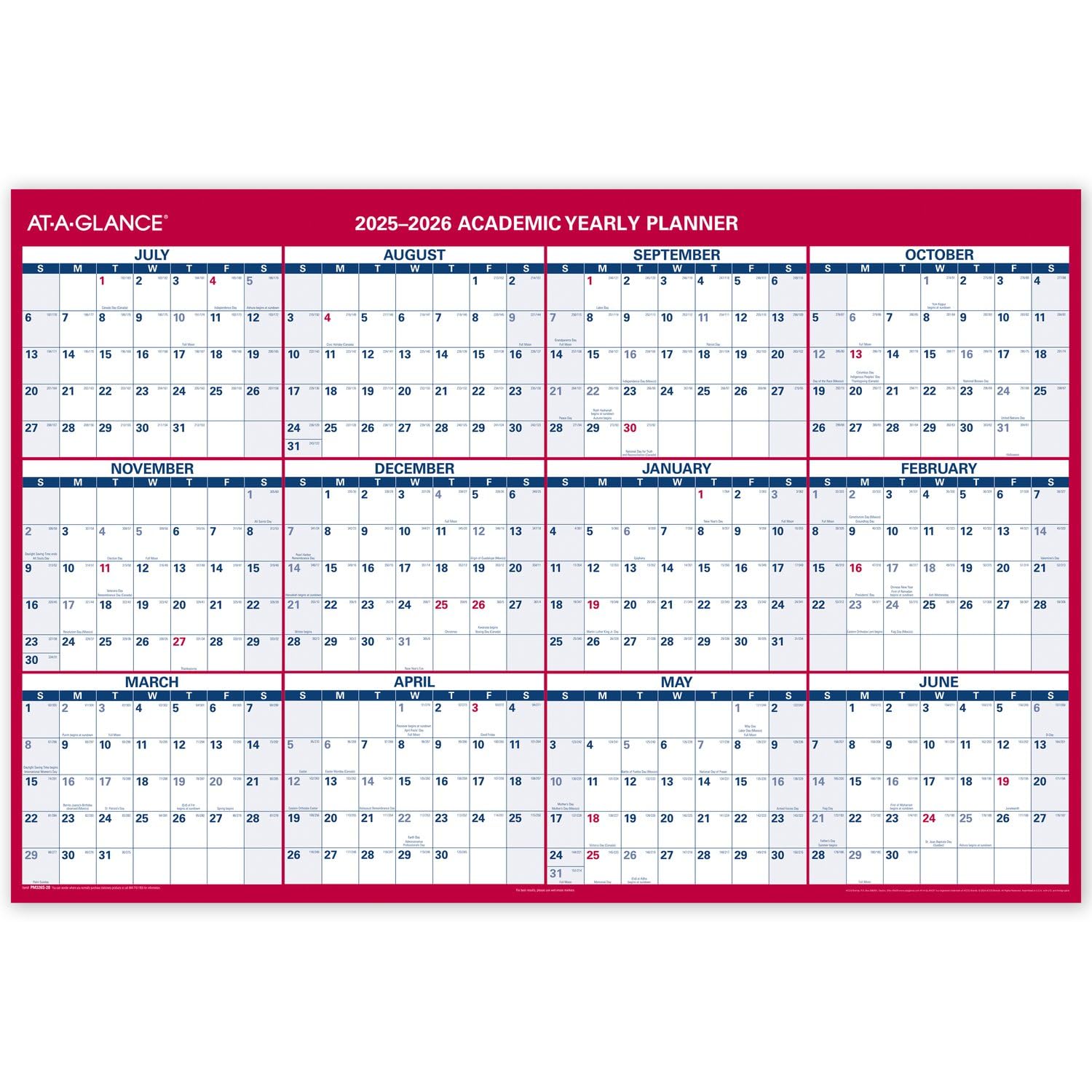 AT-A-GLANCE Erasable Calendar 2025-2026, Dry Erase Wall Planner, 48" x 32", Extra Large, Academic & Regular Year, Double Sided, Horizontal (PM326S28)