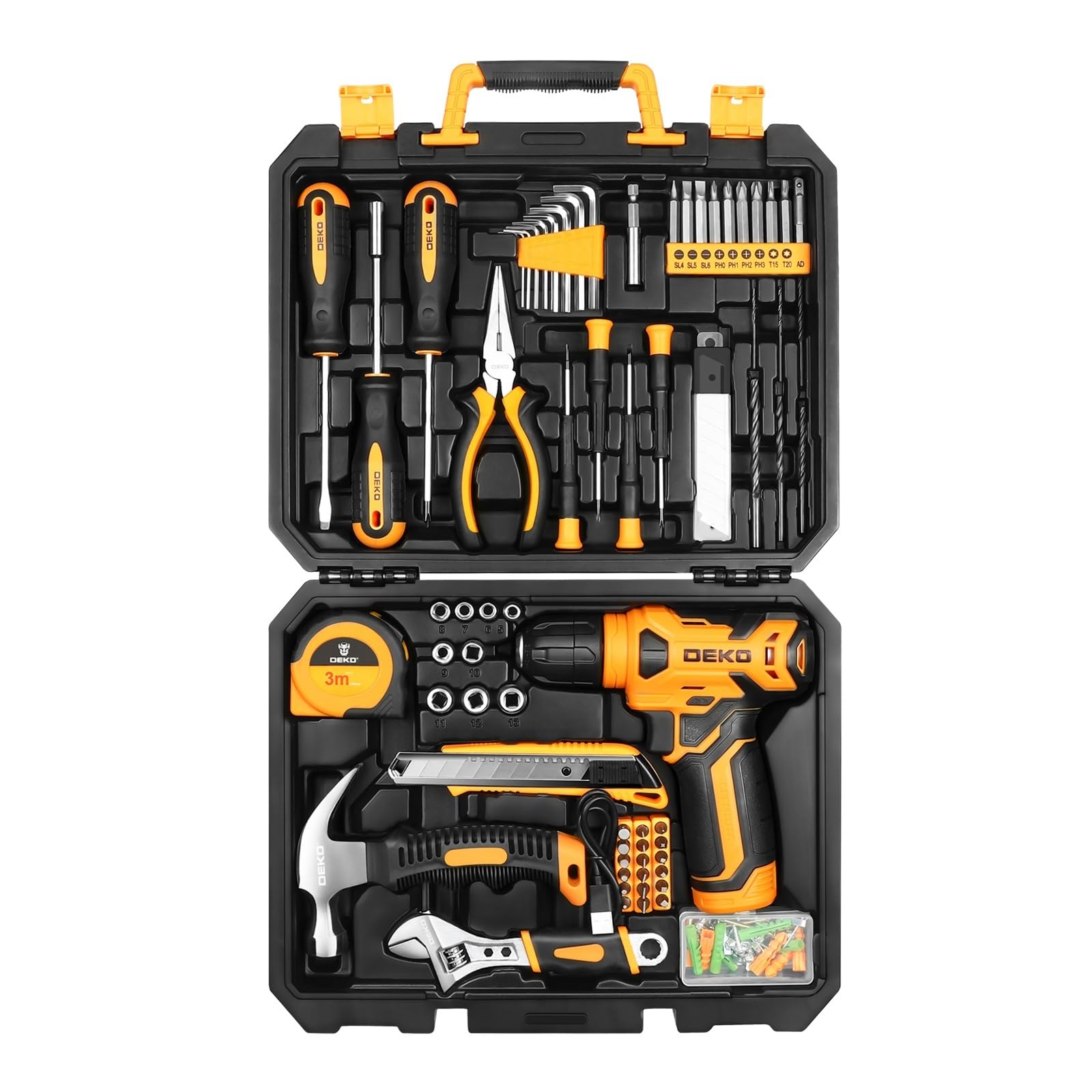 Set di strumenti fai-da-te for la casa Kit combinato di riparazione automatica Kit manuale con scatola di plastica, cacciavite, martello
