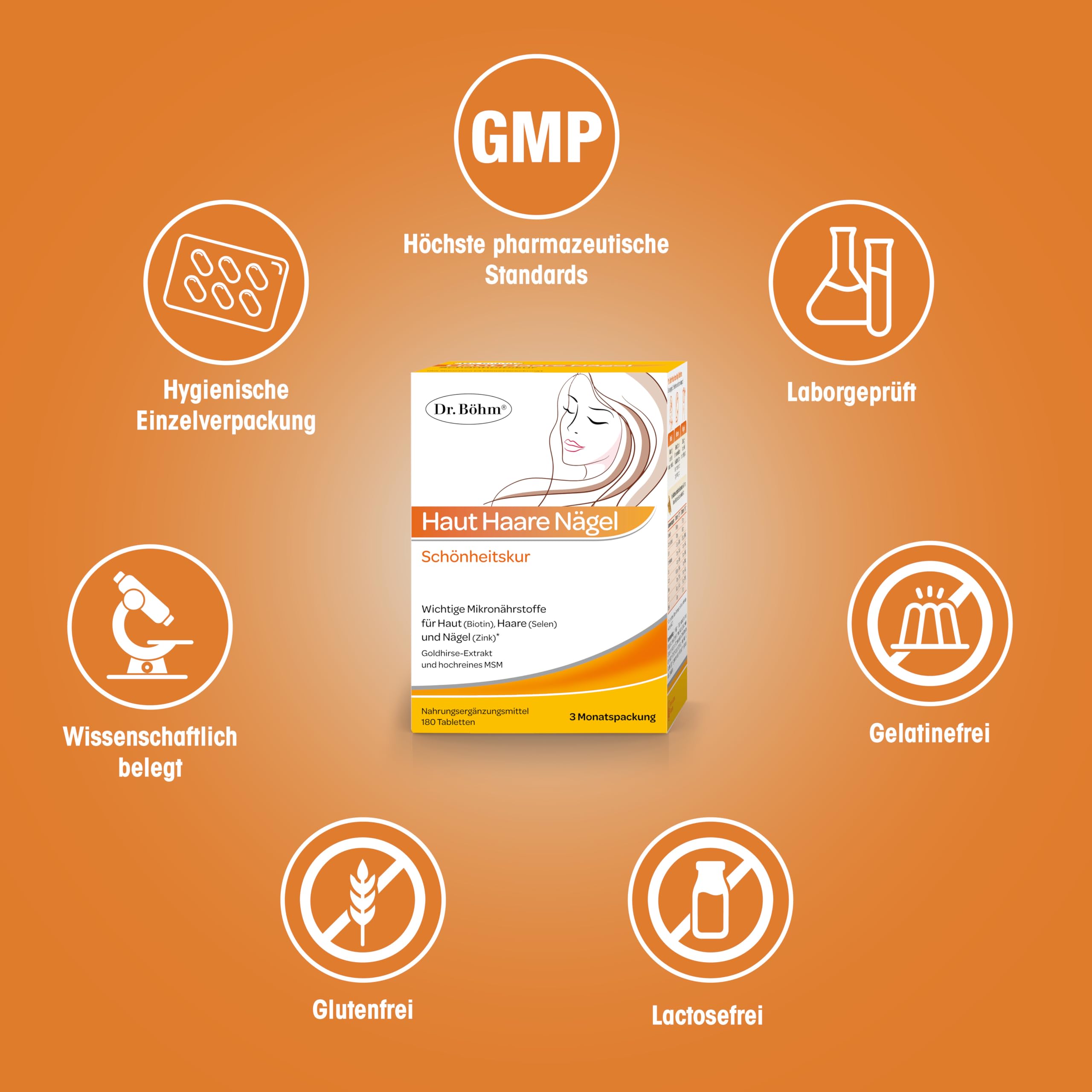 DR. BÖHM Haut Haare Nägel – 180 Tabletten - mit Biotin, Zink & Selen, MSM – Silizium aus Goldhirse & Kieselerde – laktosefrei – glutenfrei