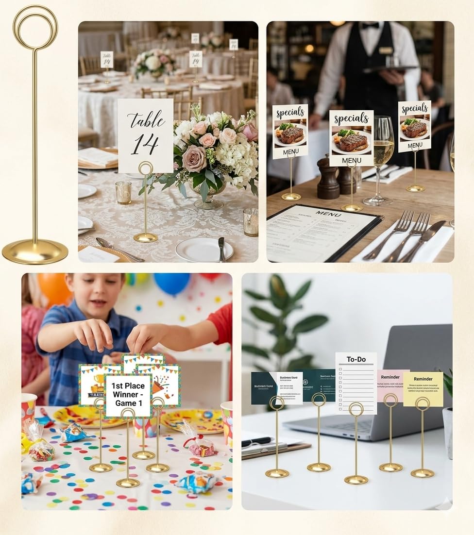 HOHIYA Soporte para Números de Mesa, 12 Porta Tarjetas Dorados de Metal para Bodas, Recepciones y Eventos, Ideal para Menús, Fotos, Nombres de Invitados y Decoración