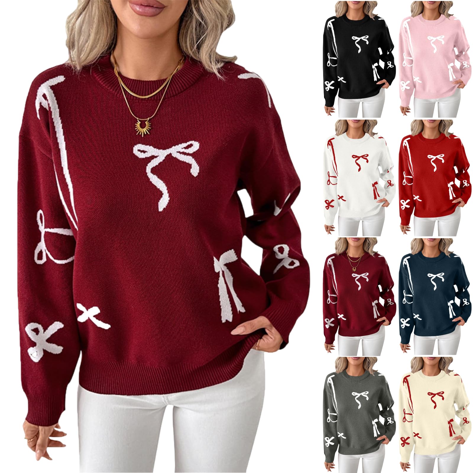 Valentine Sweater for Women Trendy Crewneck Loose Fit Cute Bow Chunky Knit Pullover Sweaters Dressy Casual Tops