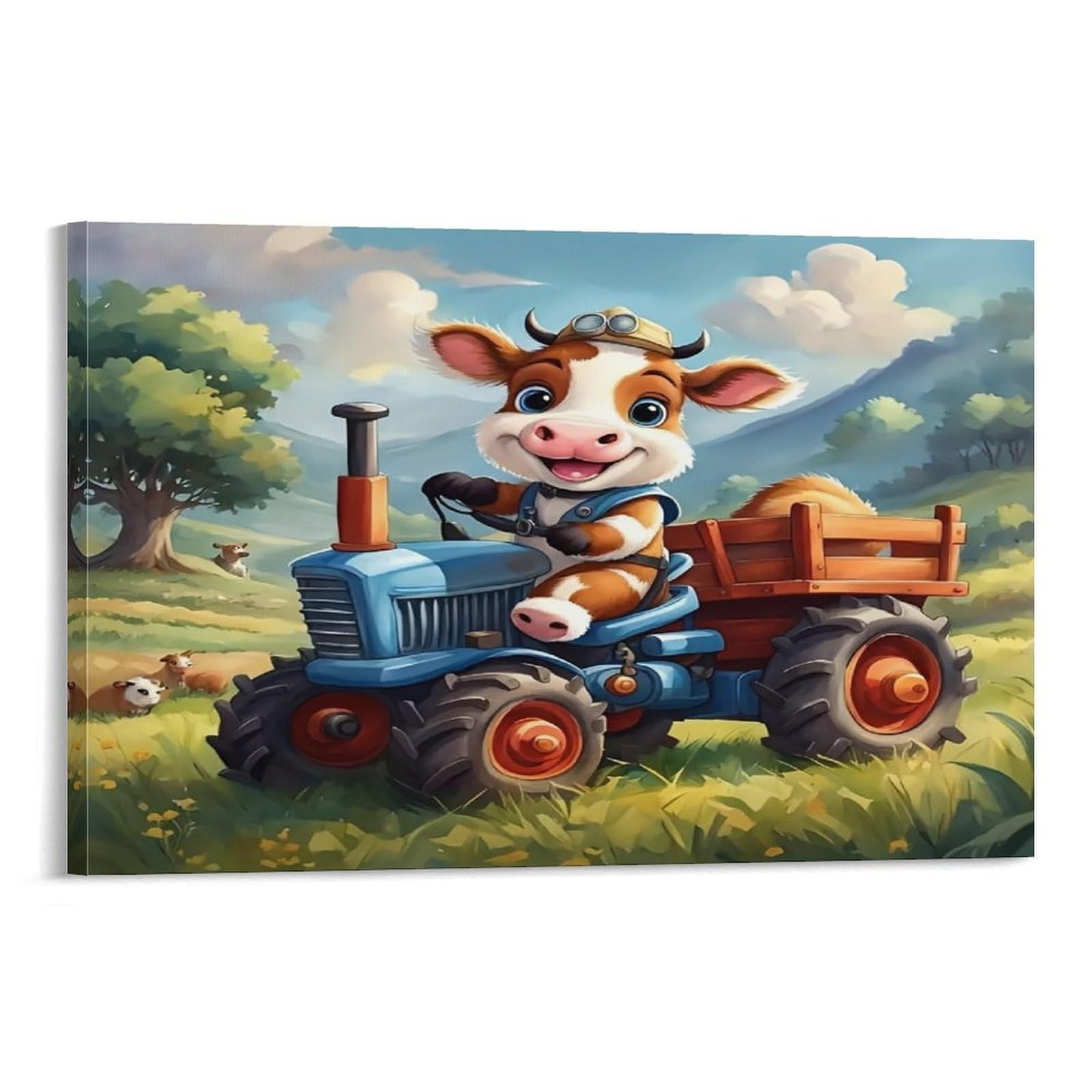 Cplvkwrqj Frame-Style-4 Cute Cow Driving Tractor Single Piece Cartoon Cow Driving Farm Tractor Canvas Print - Kitchen Canvas Wall Decor Easy To Clean Removable Focal Point 20X30inch(50X75cm)