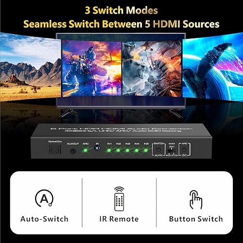 Miniatura 5 de 5 en 1 salida 4K 60Hz HDMI Switch Extractor de audio con óptico y salida de 0.138 in, divisor de audio HDMI 2.0 compatible con HDR 10, HDCP 2.2,
