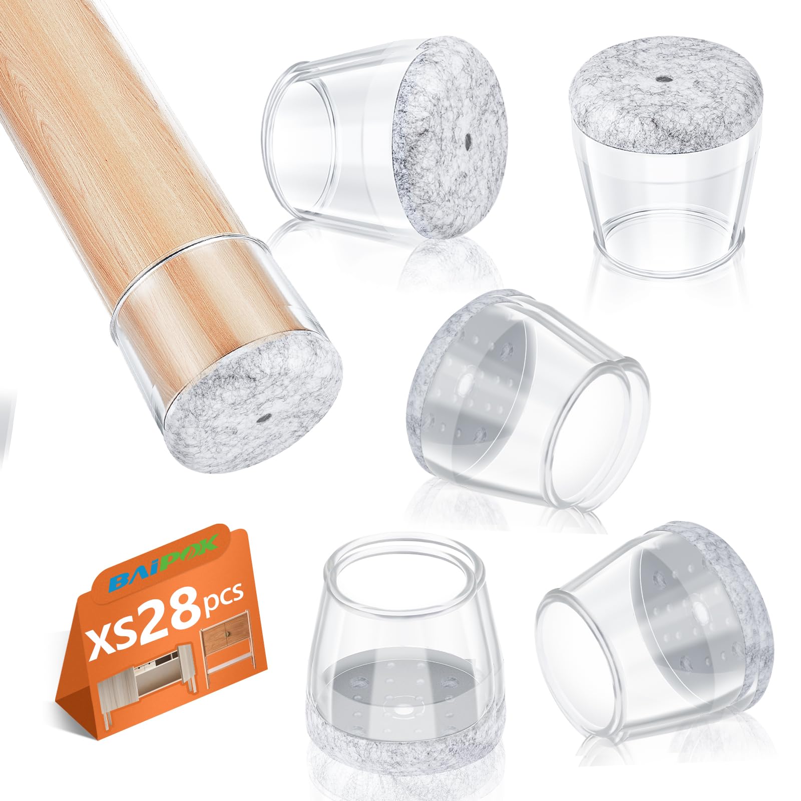 Baipok A-Transparent-28P 28Pcs Chair Leg Floor Protectors, Silicone Chair Leg Cup With Wrapped Felt, Furniture Feet Protectors For Hardwood Floors