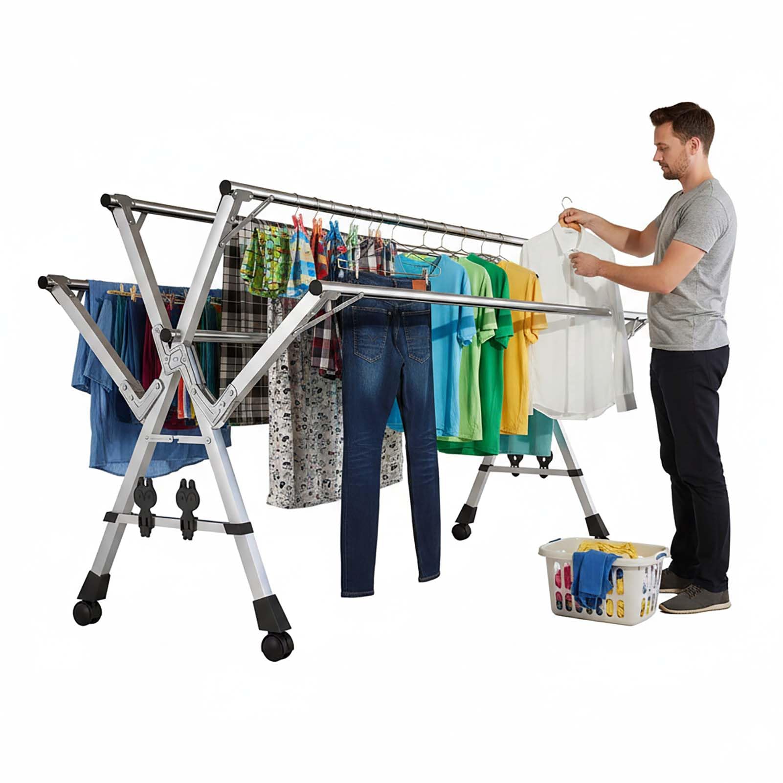 YSUEFIJO Rolling Foldable Clothes Drying Rack, Telescopic Stainless Steel Garment Rack With Hanger, Expandable Laundry Drying Rack For Shirts Pants Jackets, Home Closet Organizer