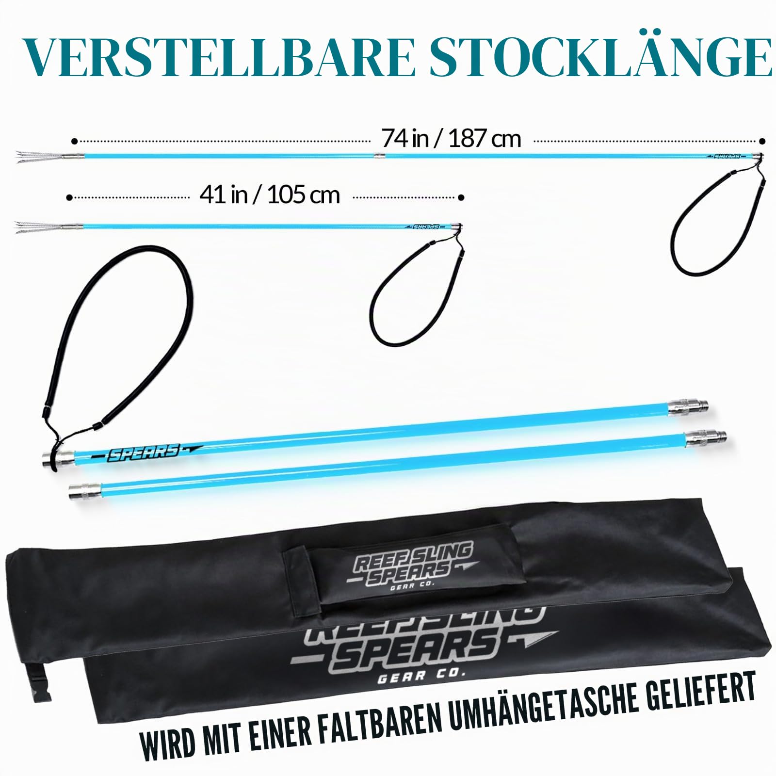 Hawaiian Sling Fishing Speer Set – Reise Fiberglas Pole Speer Harpune zum Speerfischen mit 3 Zinken Paralyzer Spitzen 5' – Angelschnurhalter und Reisetasche enthalten für Speerangelausrüstung