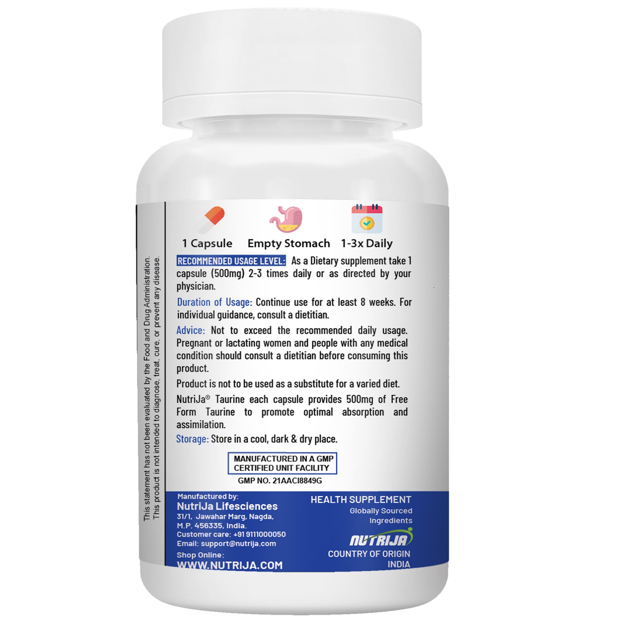 NutriJa Taurine 500mg - 60 Capsules | Supports Muscle Recovery, Cardiovascular Health, Vision & Nervous System 1