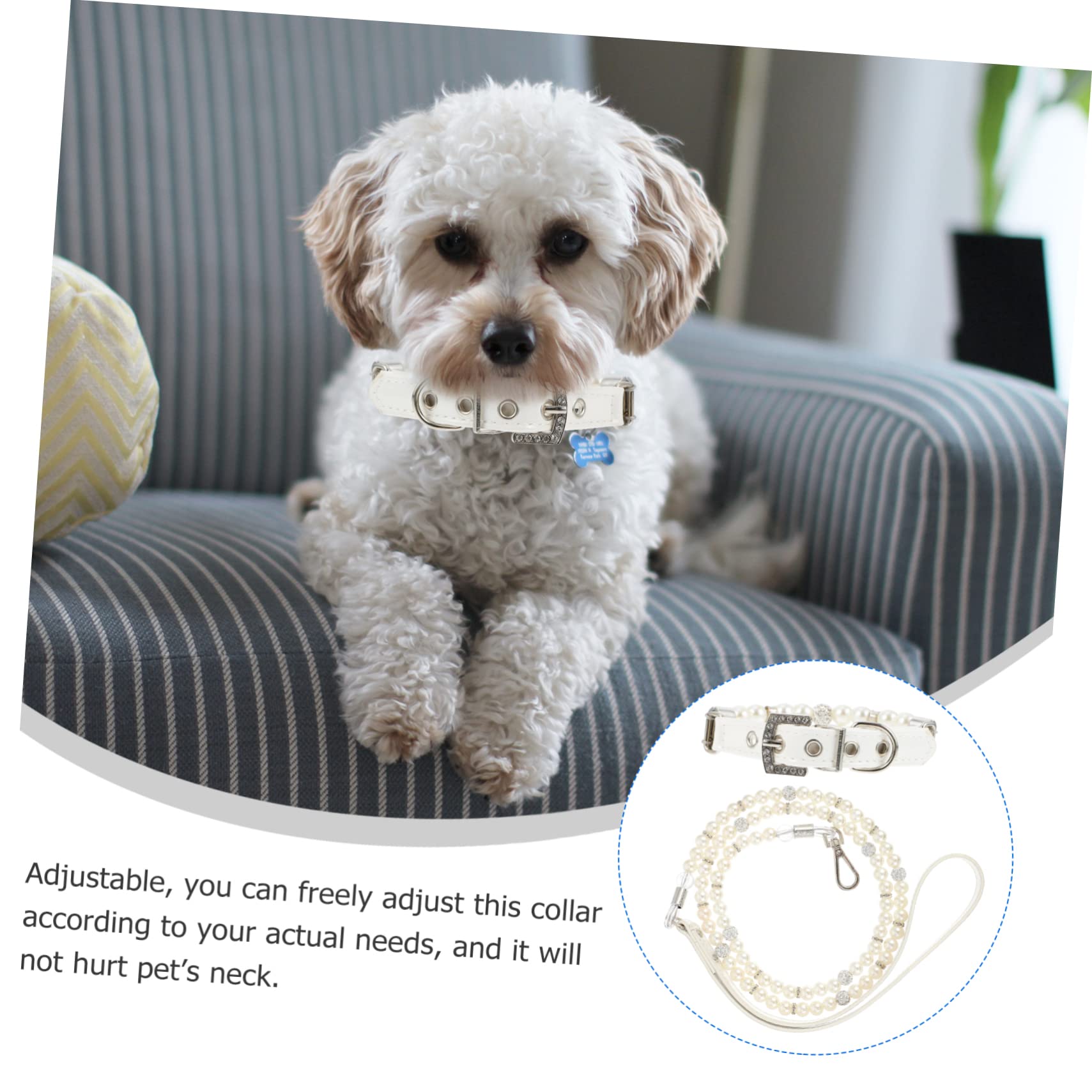 Hundeleine Halsband mit Perlen, 2 Stück, Pu Leder, Weiß | Welpen und Hunde, Flexibel und Verstellbar, Süßes Design, Leicht und Auszuziehen