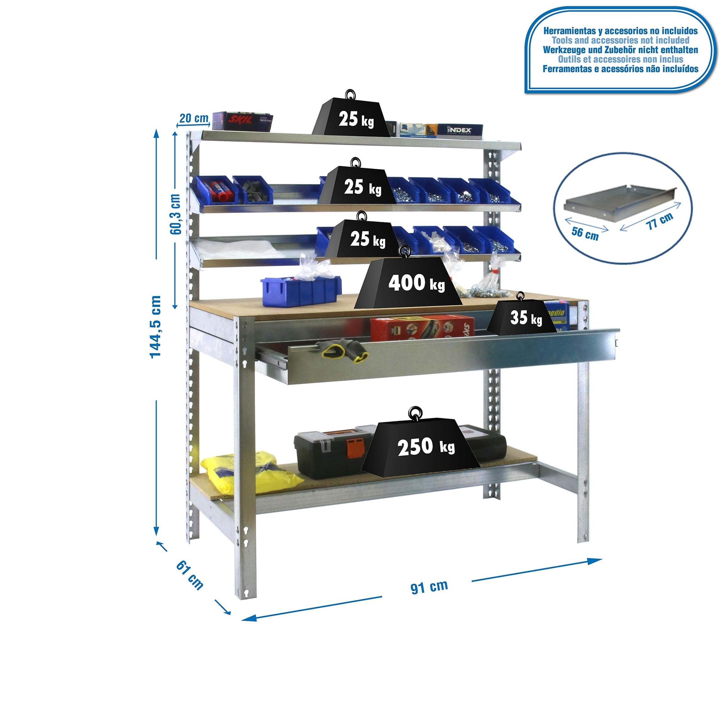 Simon Rack Banco de Trabajo con 3 repisas y cajón 910x610 mm - BT1 | Capacidad Carga 400 kg, Pintura anticorrosión, Galva , Montaje sistema clic