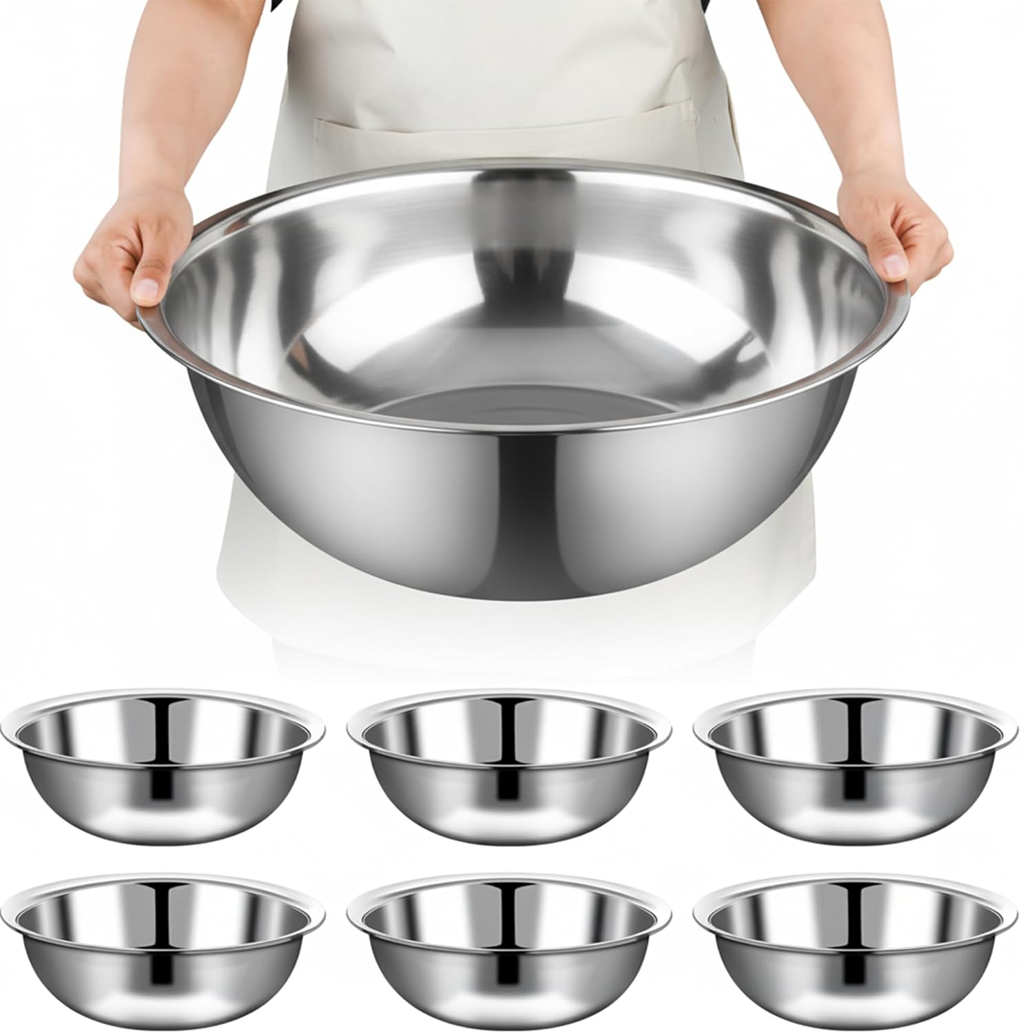 6 Pcs Stainless Steel Mixing Bowls Metal Mixing Bowls Extra Large Basin Salad Bowl with Deeper Edge, Dishwasher Safe, Mirror Finish for Home and Commercial, Silver (16 Inch 13 Qt)