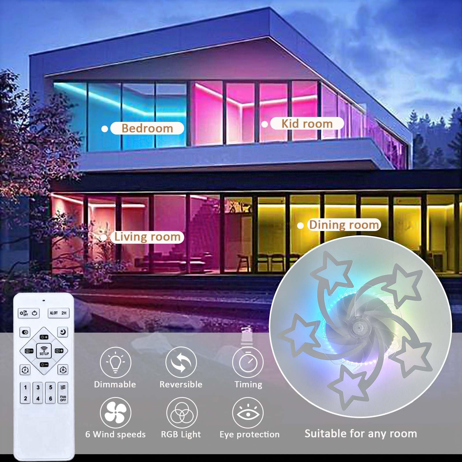 RGB Lampadario Con Ventilatore Da Soffitto Con Telecomando APP, Bambino Cameretta Lampadario Ventilatore Reversibile 6 Velocità Dimmerabile Ventola Soffitto Con Luce Memoria Silenzioso Bianco