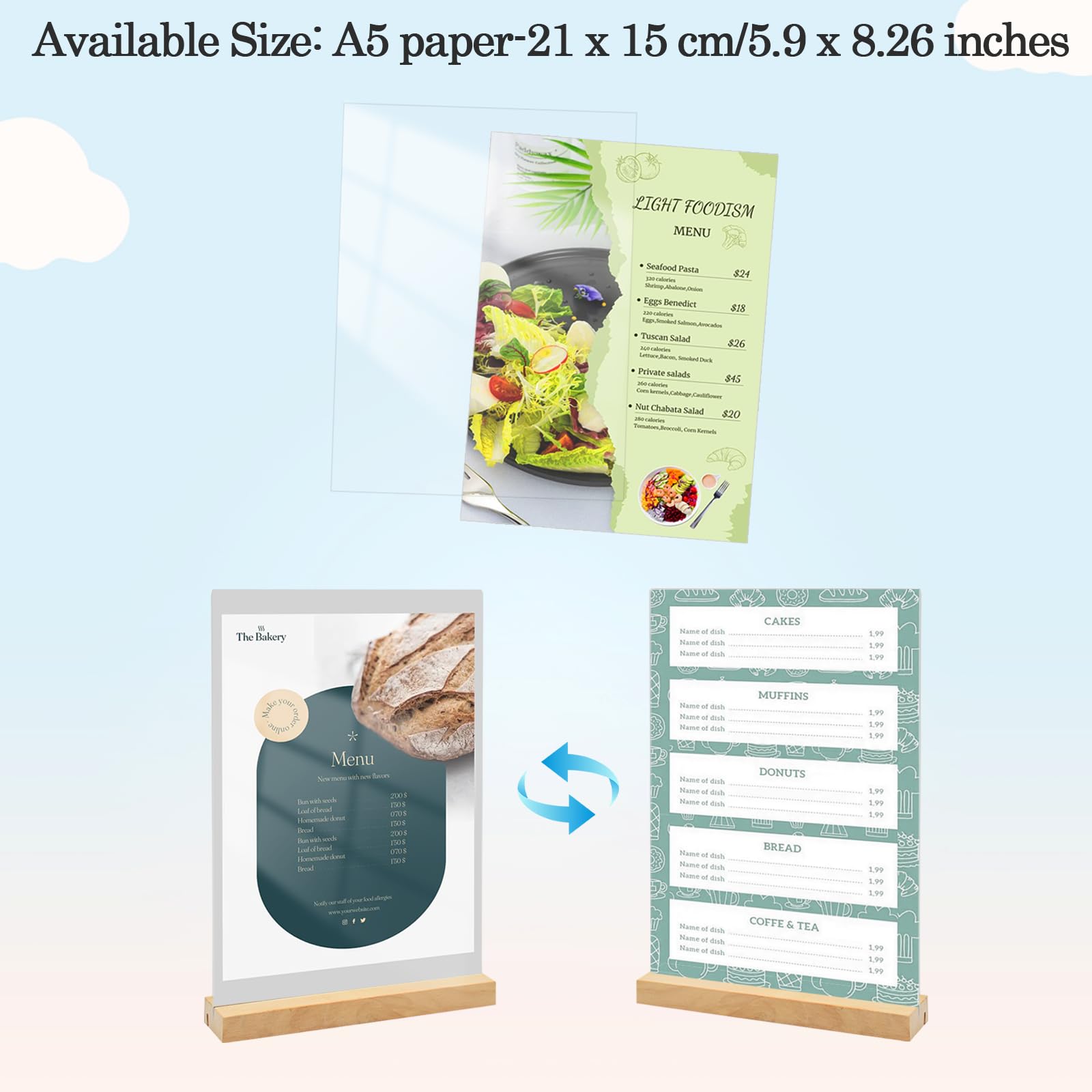 Lot de 6 Présentoirs de Table A5, L/T Forme Plaque en Acrylique A5 Support Affiche, Double Face Porte-menu avec Base en Bois, Porte-feuille pour Exposition Café Bureau école-15*21CM