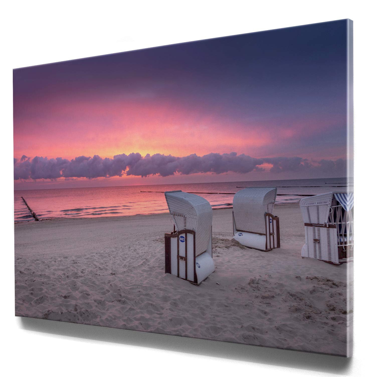 BilderKing Atemberaubendes Ostsee XXL Leinwandbild 120cm x 80cm, Motiv Usedom Sonnenuntergang, Strandkörbe. Einzigartiges Panorama-Bild für Wohnzimmer, Schlafzimmer. aufgespannt auf 4cm Keilrahmen