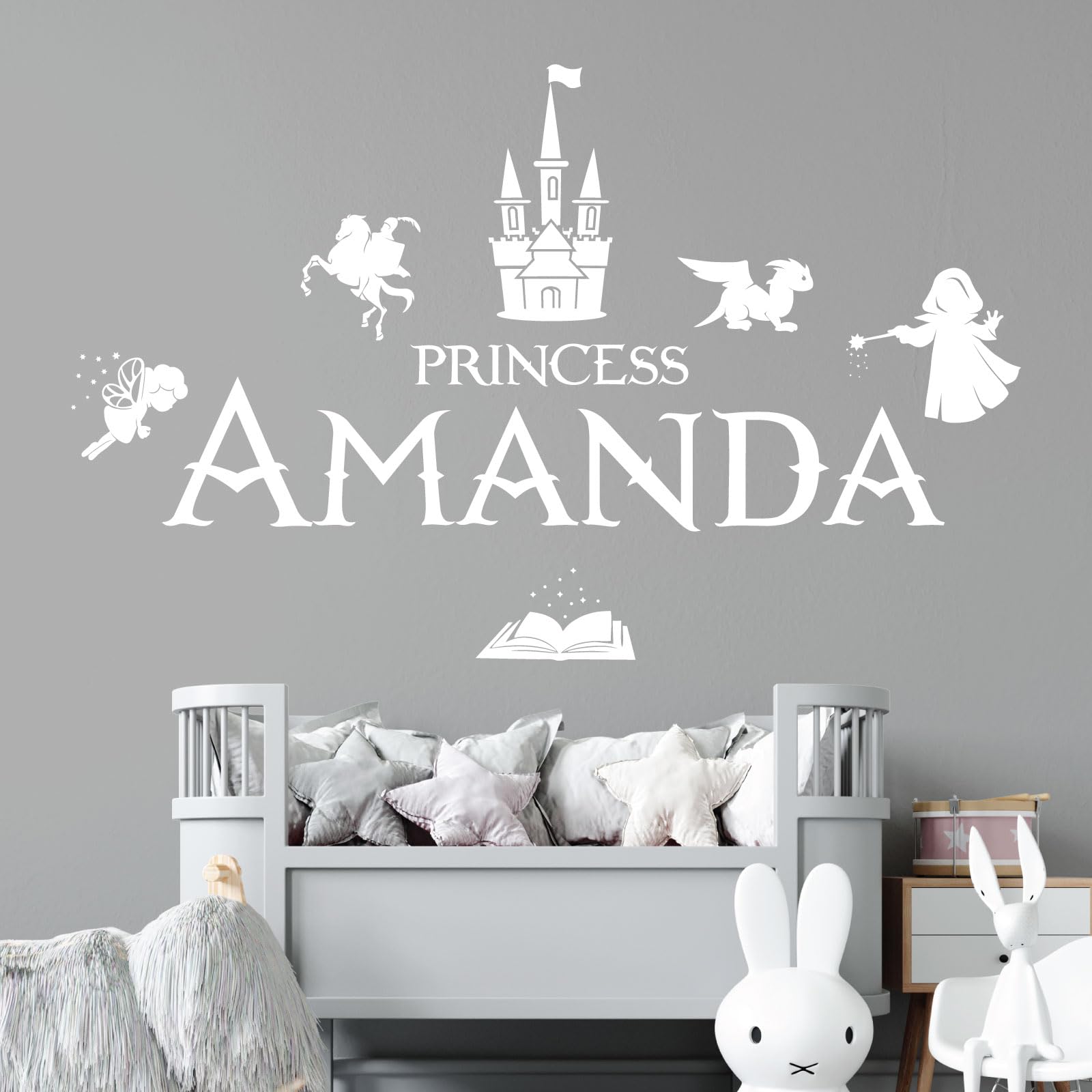 Personalised Name Girls Wall Art Sticker - Princess Castle Dragon Knight Magic Tale Wizard [Large] [White]