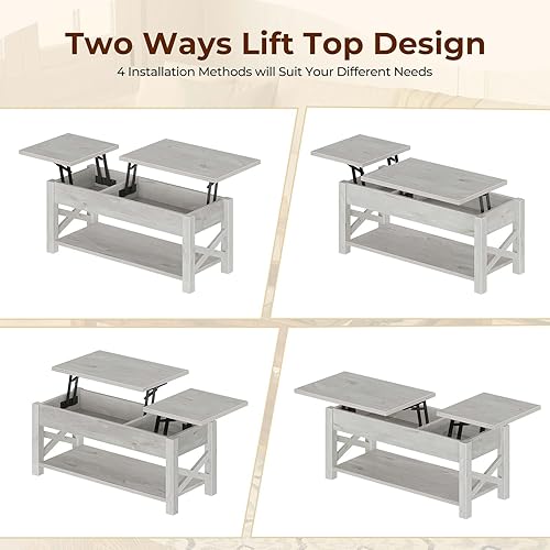 Miniatura 7 de Rolanstar Mesa auxiliar elevable de 47.2 pulgadas con compartimento oculto, mesa de centro de elevación de 2 vías con estante abierto y soporte de