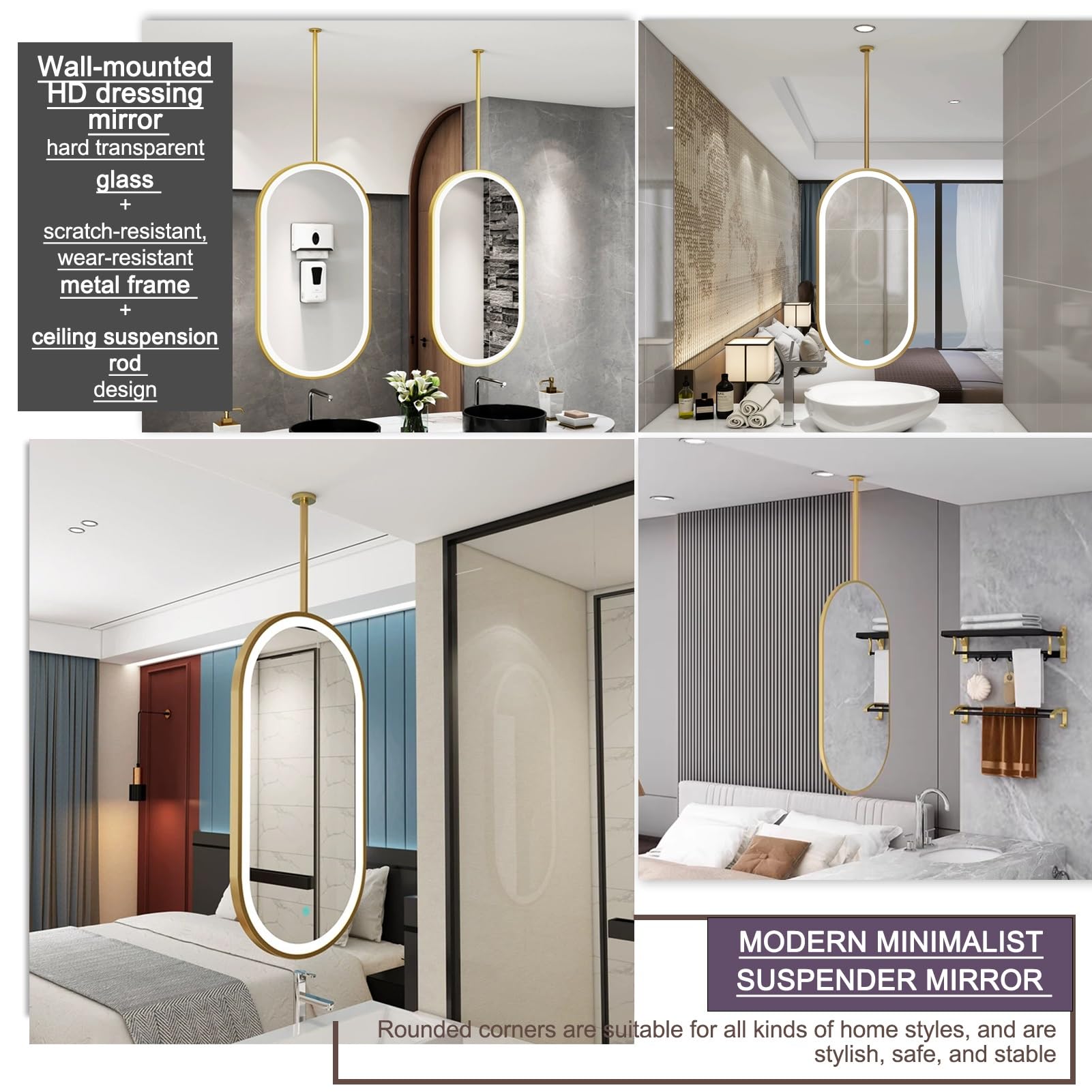 Specchio Ovale da Bagno con luci LED, Specchio a soffitto in Vetro temperato HD, Specchio da Parete per Trucco in Bagno, Camera da Letto, Soggiorno, Oro (40 cm x 70 cm)