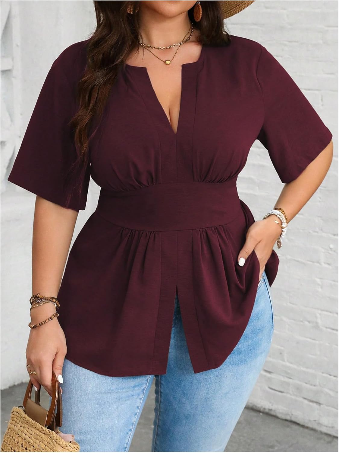GORGLITTER Women's Plus Size Peplum Tops Short Sleeve V Neck Asymmetrical Blouse Shirts Summer Going Out Tops 2025 - Image 3