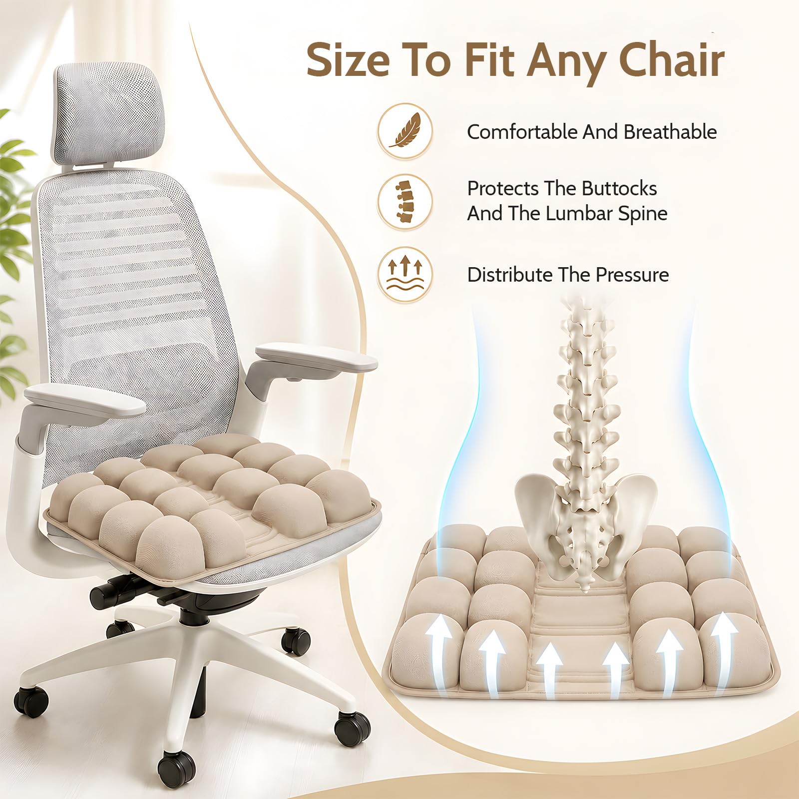 Cuscino antidecubito da 44 x 42 cm, con 30 camere d'aria, ortopedico, ergonomico, gonfiabile, per alleviare il carico del coccige quando si è seduti a lungo, per auto, ufficio, casa, sedia a rotelle e
