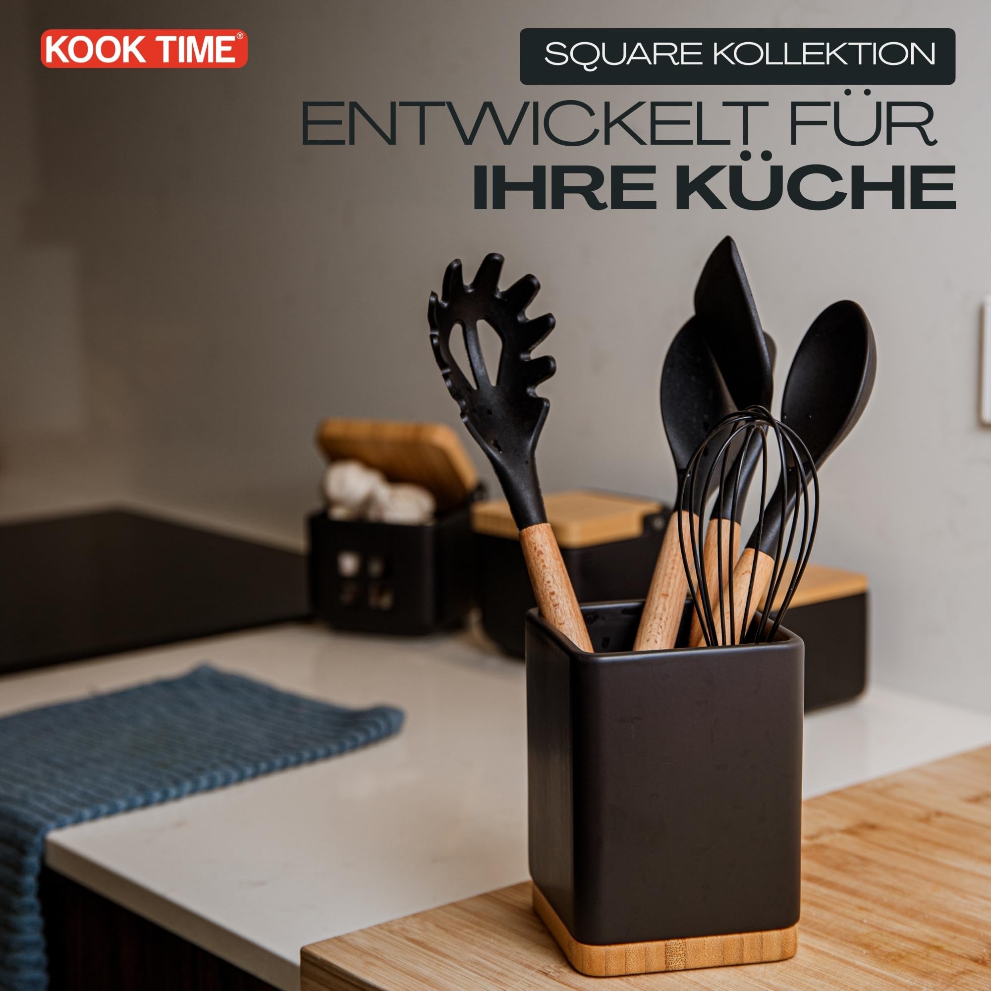Küchenutensilienhalter - Utensilienhalter küche aus keramik und Bambus - Quadratischer küchenhelfer aufbewahrung - Schwarz - 10,5 x 10,5 x 15 cm