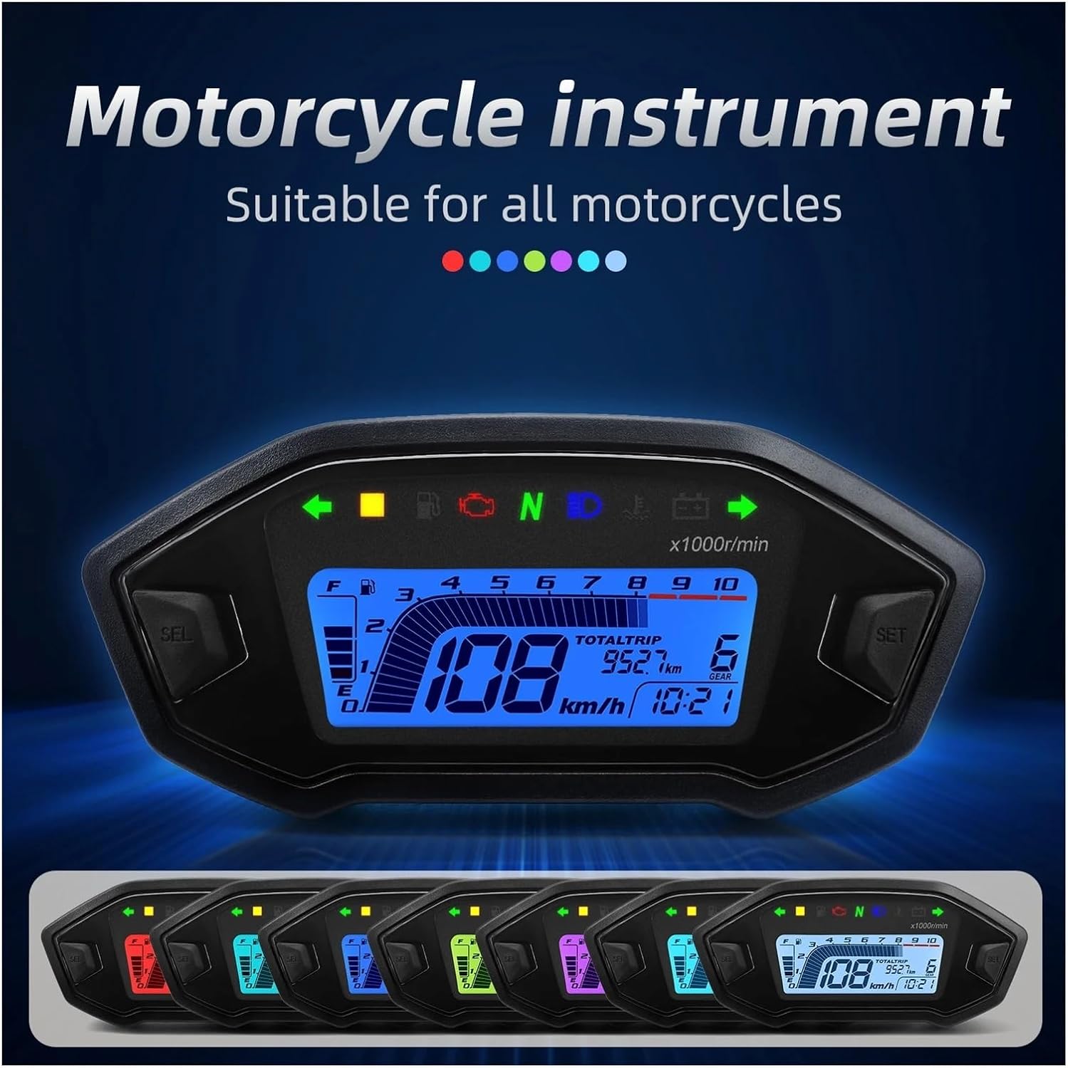 Motorcycle Speedometer Gauge Universal for 1,2,4 Cylinder 10000RPM Motorcycle Display Tachometer Odometer with Digital Sensor Dashboard Gauge