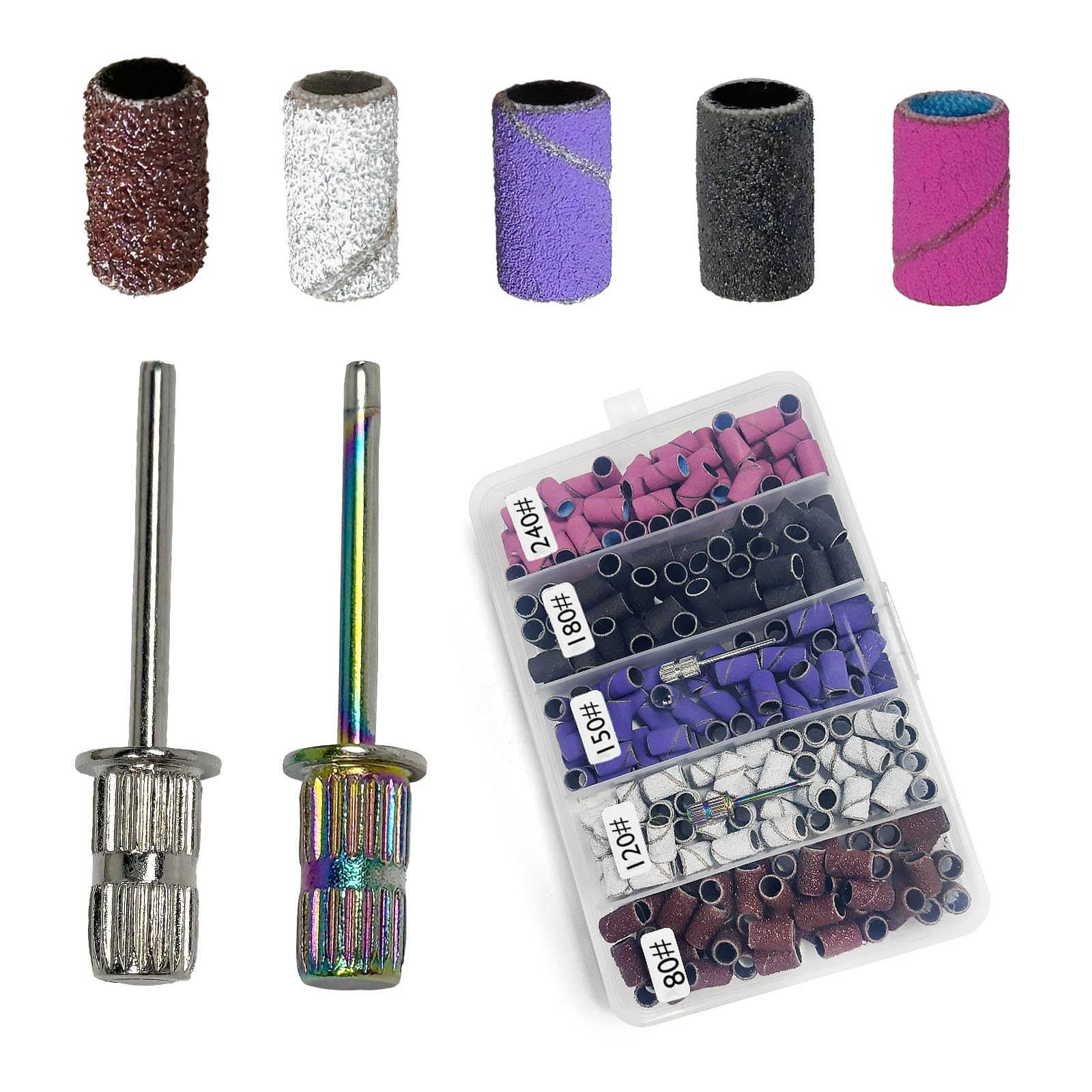 QQdou Sanding Bands for Nail Drill 250Pcs Colorful Coarse Fine Nail Sanding Bands(80#120#150#180#240#Grit )
