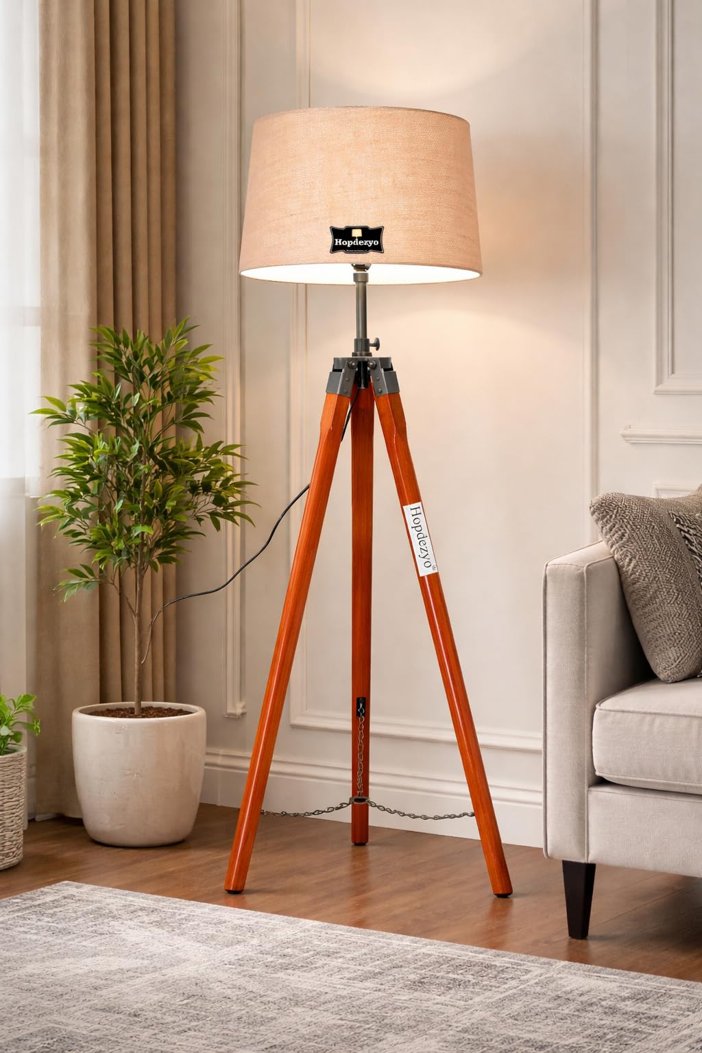 Italian Wooden Tripod LED Floor Lamp for Living Room and Home Decoration with Jute Drum Shade | Wooden Stand Floor Light with E27 Holder | LED Bulb Included | Pack of 1