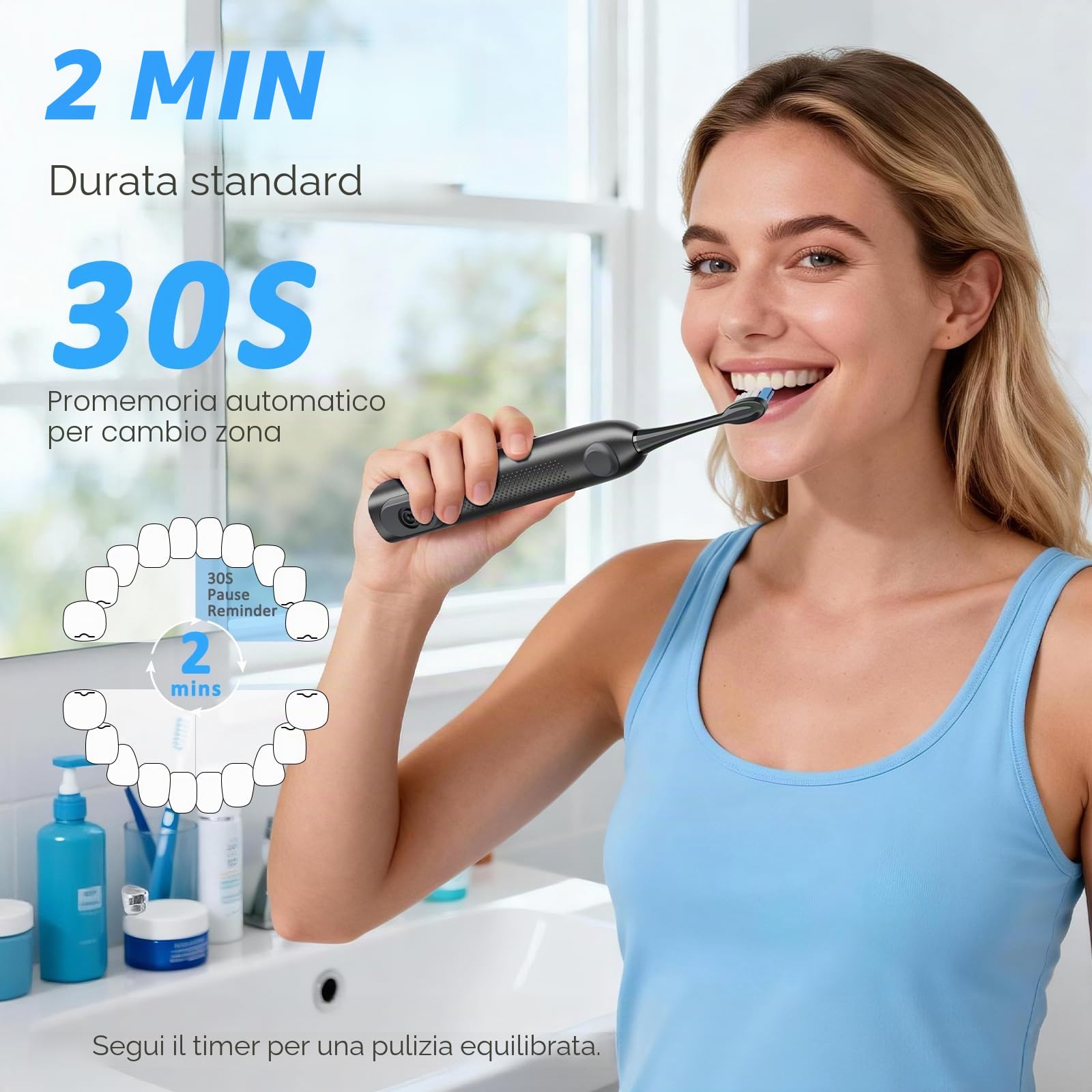 Marchpower 3-in-1 Spazzolino Elettrico e Idropulsore con Oscillazione a 46°, 3+4 Modalità, IPX7 Spazzolino Elettrico Professionale con Serbatoio Magnetico da 155 ml, 2 Testine di Ricambio, Grigio