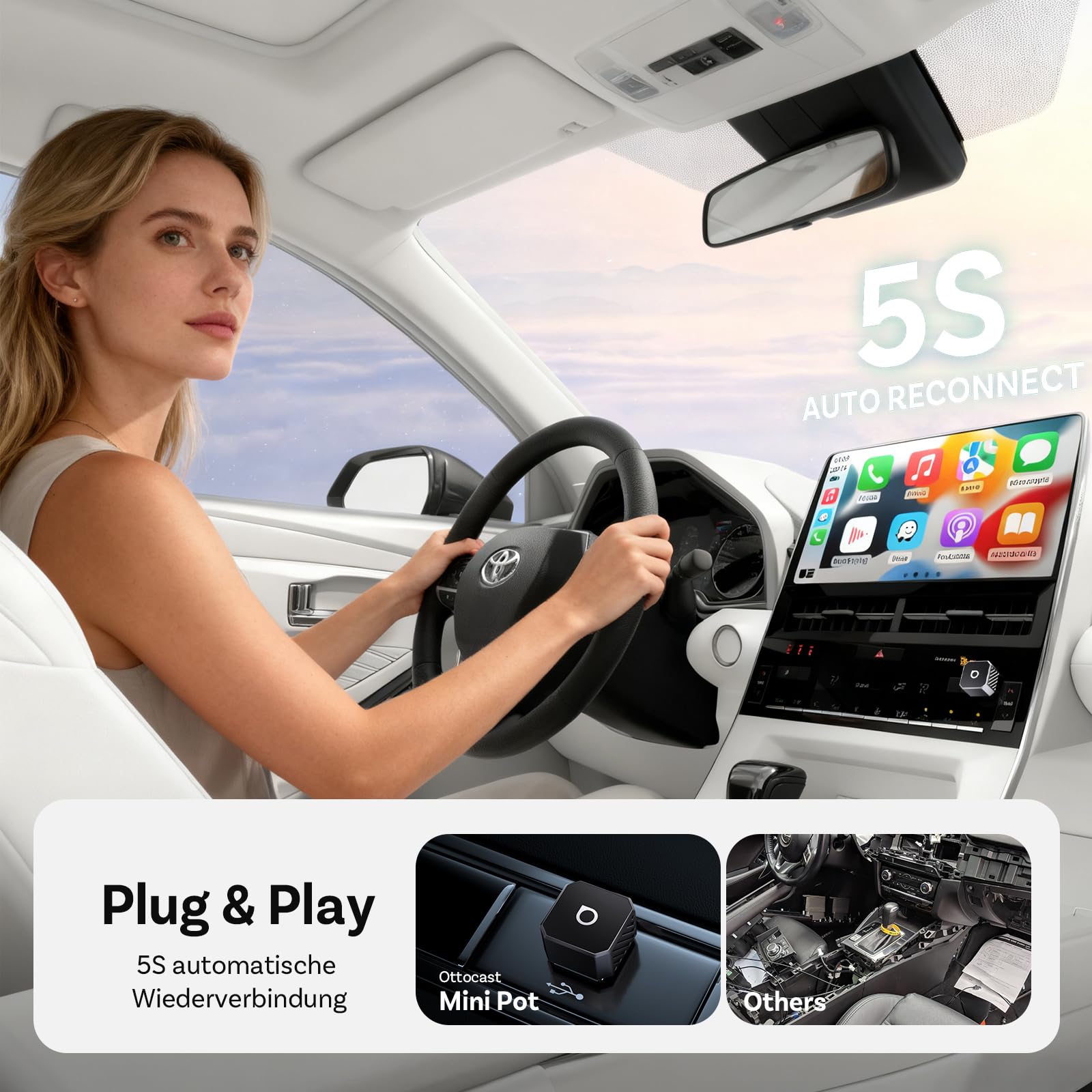 OTTOCAST Mini Pot 2026 Upgraded, 2-in-1 CarPlay & Android Auto Wireless Adapter für iOS 10+/Android 11+, Plug & Play, USB/Typ-C, OTA-Upgrade, Konvertiert Kabelgebunden zu Kabellos um, Schwarz