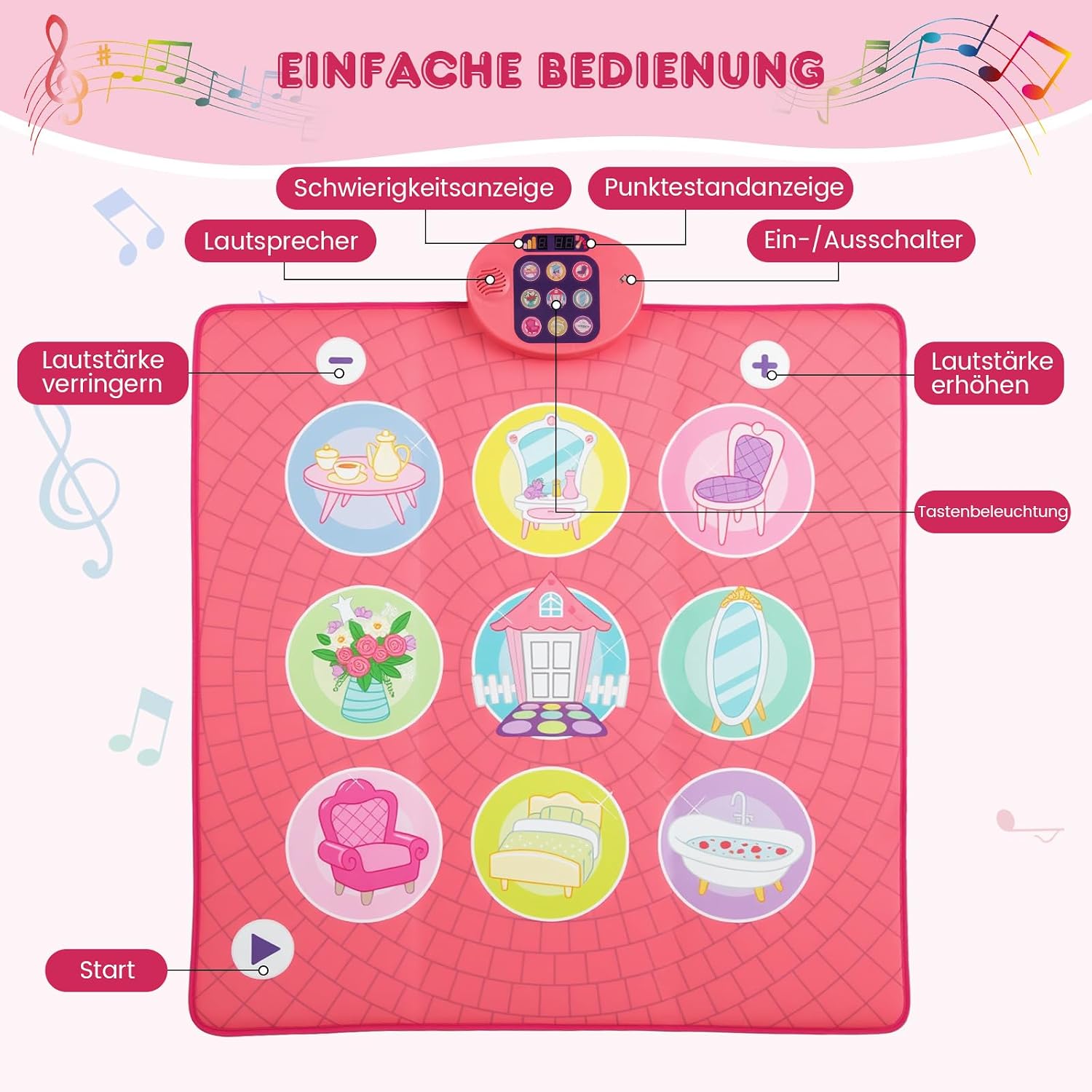 COSTWAY Mata do tańca dla dzieci, mata muzyczna z 5 trybami wyzwań i 9 dźwiękami fortepianu i 9 demo, urodziny, Boże Narodzenie, zabawka do tańca, prezent dla dziewcząt i chłopców od 3, 4, 5, 6, 7, 8