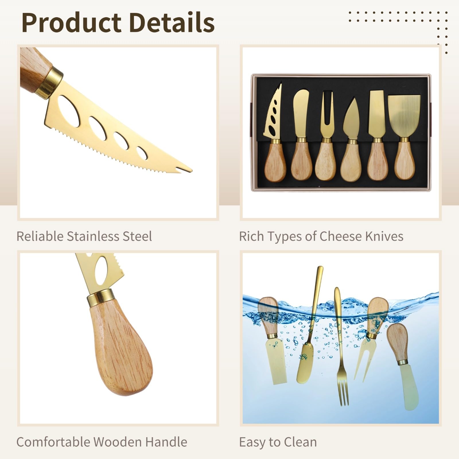Accessoires pour plateau de charcuterie, lot de 20 pièces, 6 couteaux à fromage avec cuillères, fourchettes, tartineurs et pinces de service, ustensiles à manches en bois pour beurre et fromage