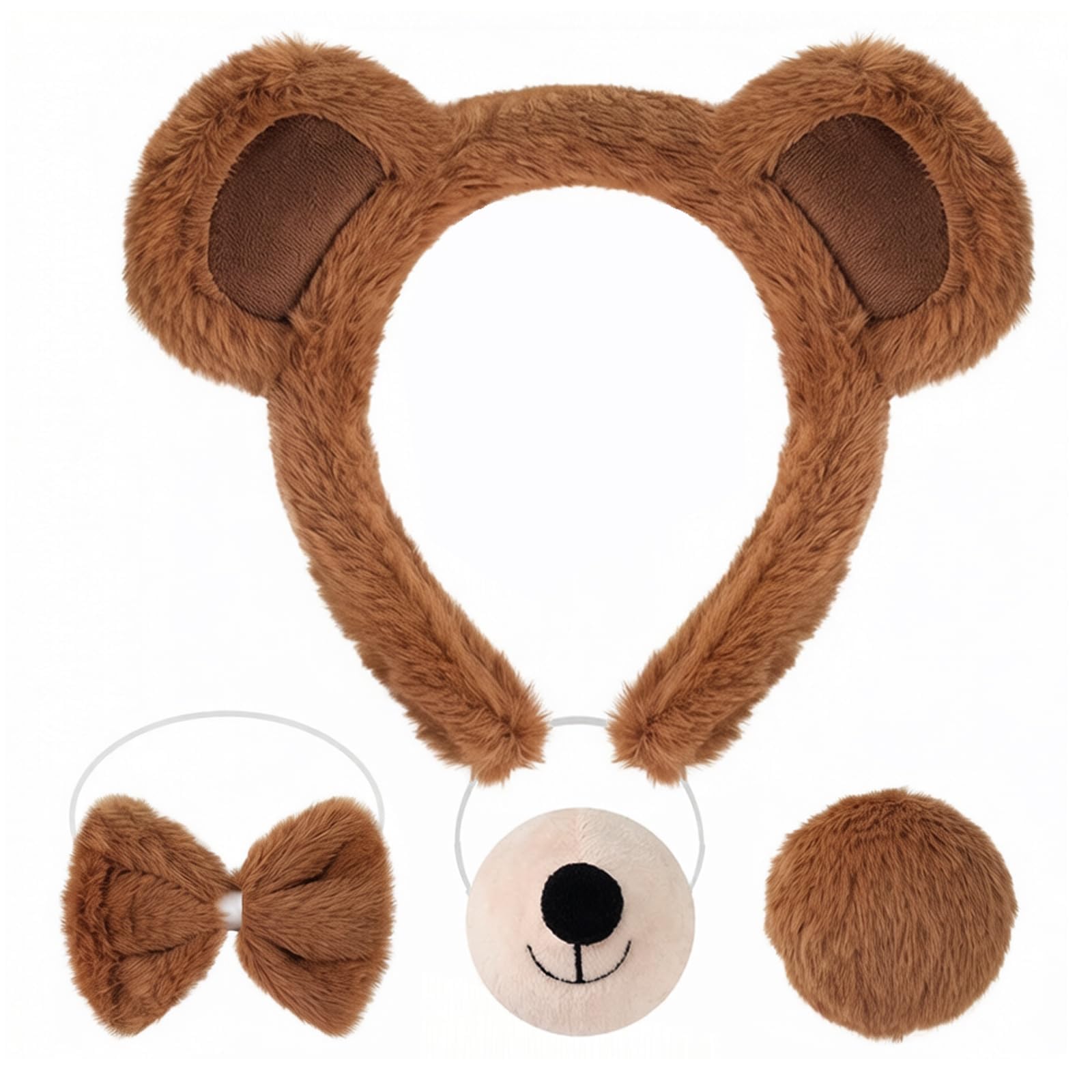 HeHeGe 4Pcs Cartoon Animal Cosplay Set, Donkey Mouse Pig Costume Accessories with Ears Headband, Nose, Tail, Bow Tie for Halloween Party Dress Up (Bear)