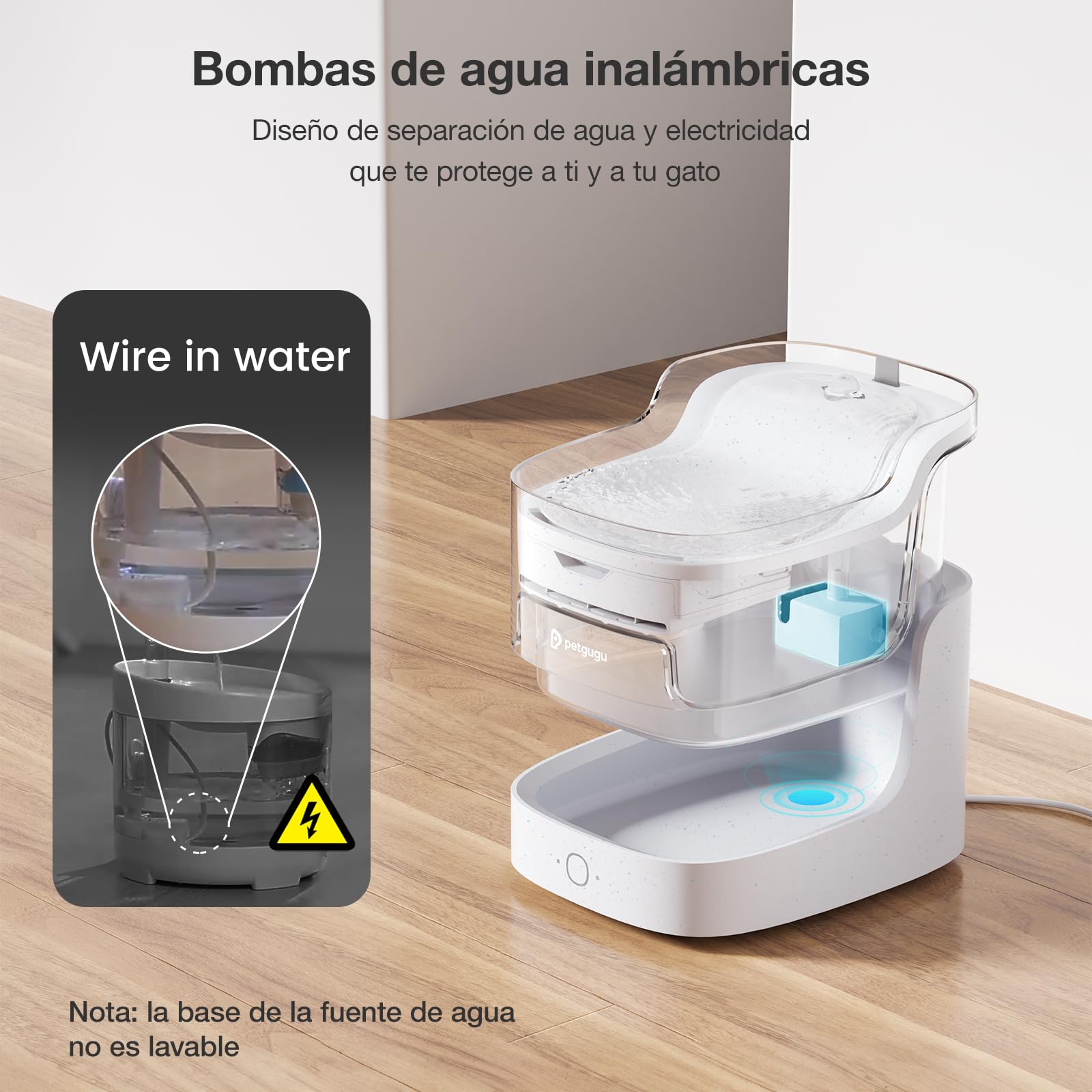 PETGUGU Fuente para Gatos Inteligente de 2L, Bebedero Gato Automático con Bomba Inalámbrica y Sensor, Filtro de 8 Capas, Fuente de Agua para Gatos Ultrasilenciosa con Conexión WiFi 2.4G