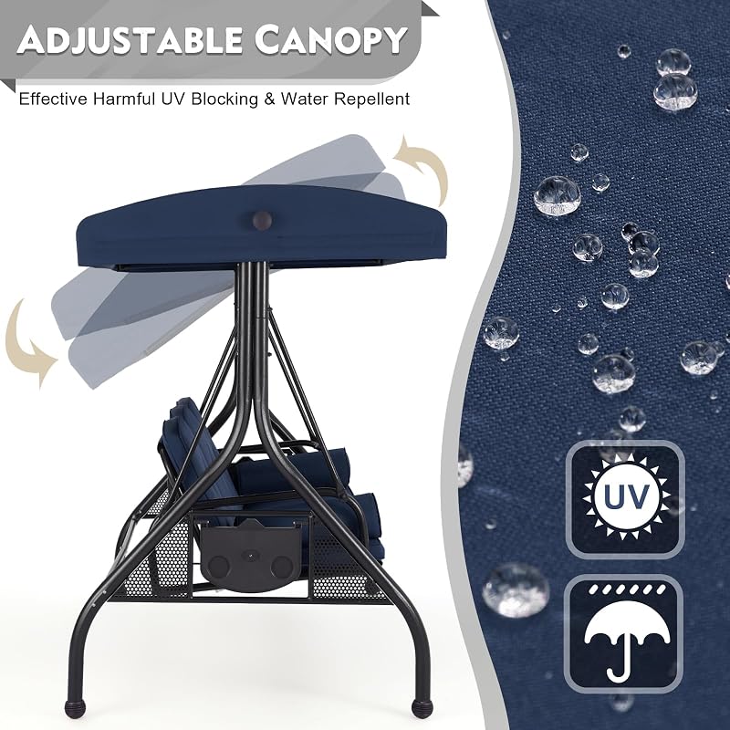 HOMREST 3 Seat Porch Swing with Adjustable Canopy, Patio Swing with Stand image 2