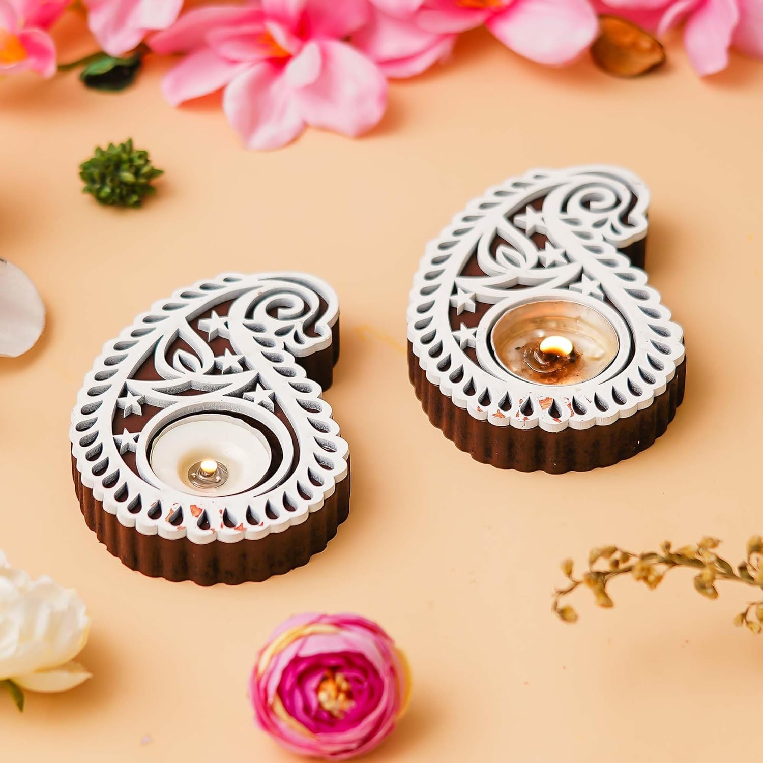 eCraftIndia Brown White Buta or Paisley Shaped Wooden Block Print Decorative Tea Light Candle Holders, Diya Stands for Diwali | Tea Light Holders | Diwali Decoration Items for Home Decor | Set of 2 eCraftIndia Brown White Buta or Paisley Shaped Wooden Block Print Decorative Tea Light Candle Holders, Diya Stands for Diwali | Tea Light Holders | Diwali Decoration Items for Home Decor | Set of 2