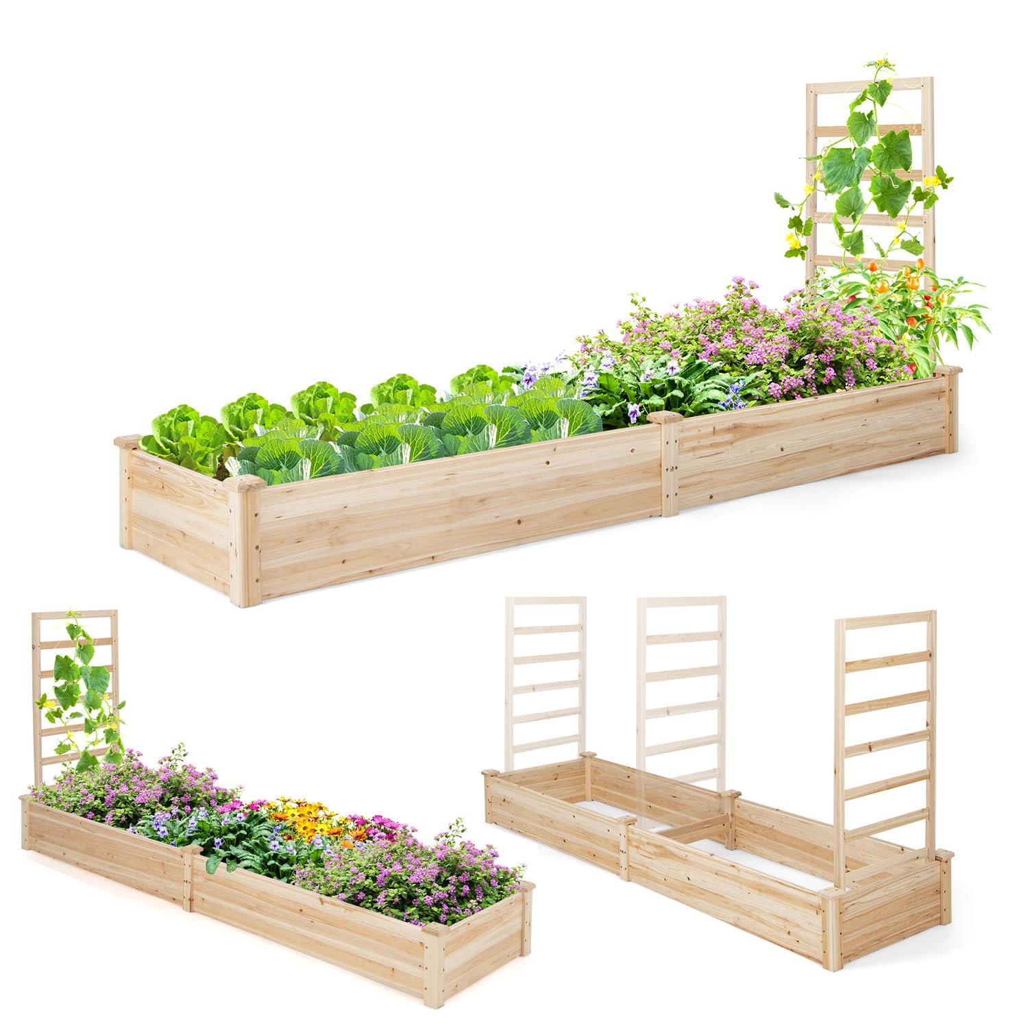 RELAX4LIFE Jardinère Surélevée avec Treillis en Bois, Bac à Fleurs avec Base Ouverte, Carré Potager Surélevé pour Patio Jardin-Culture de Vignes Fruits Légumes Fleurs Herbes (Naturel)