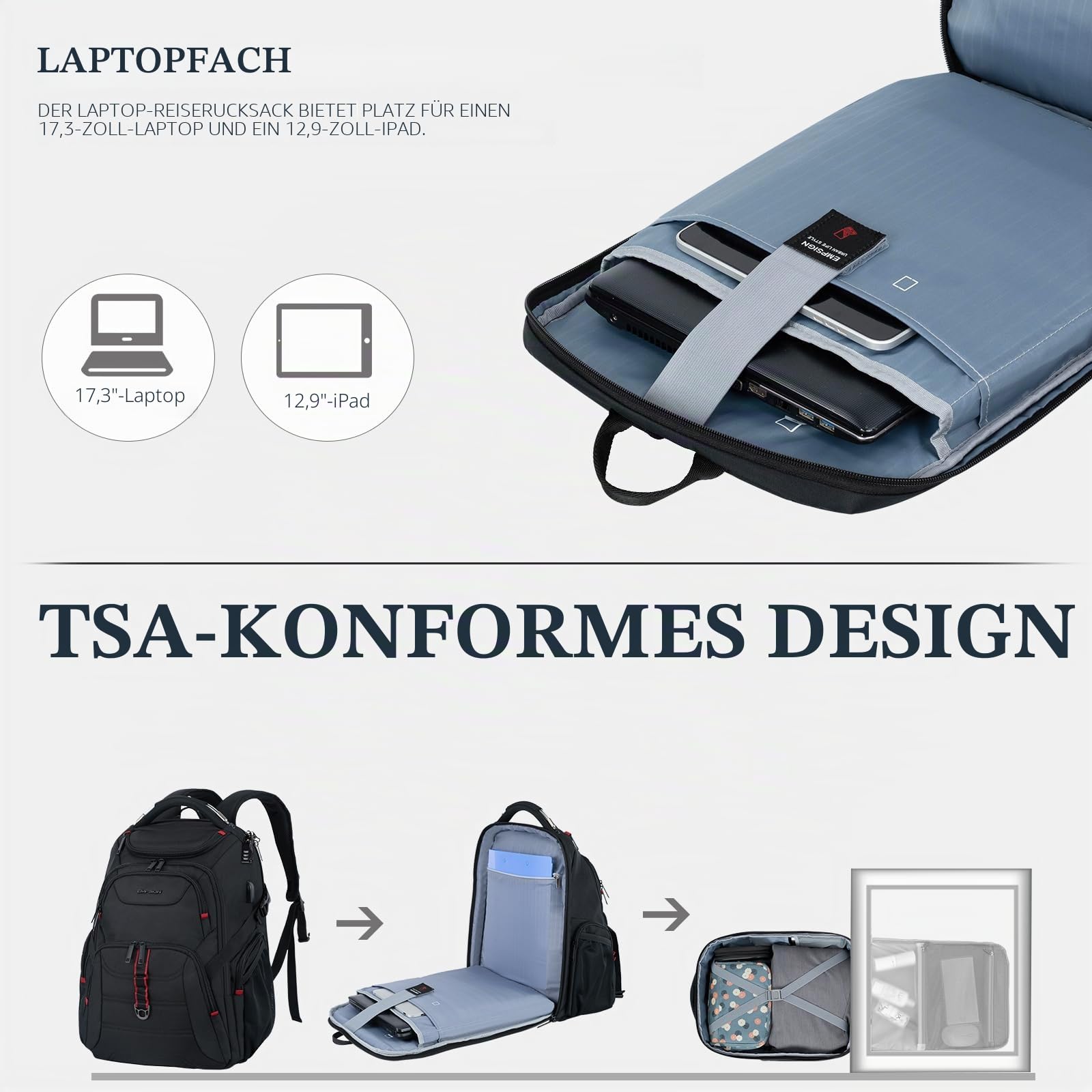 EMPSIGN Groß Laptop Rucksack Herren 17,3 Zoll Arbeit Wasserdicht, Laptoptasche Reisen mit USB Ladeanschluss Business Notebook Tasche, Schulrucksack Teenager Jungen Anti Diebstahl Schwarz