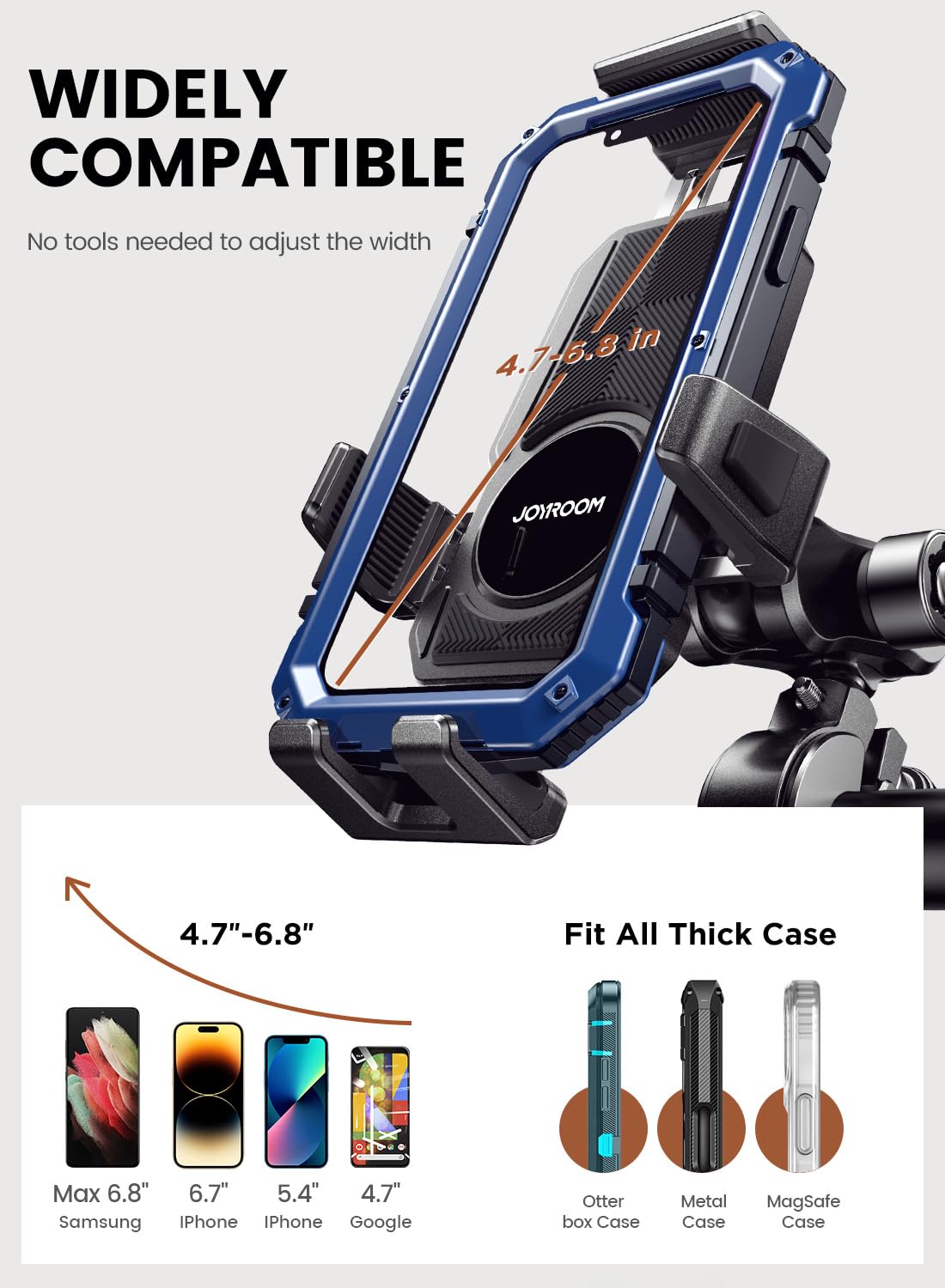 JOYROOM Uchwyt na telefon motocyklowy ze stopu aluminium, metalowy uchwyt na telefon motocyklowy z tłumikiem wibracji, do roweru, skutera ATV/UTV, kompatybilny z iPhone, Samsung, wszystkimi telefonami