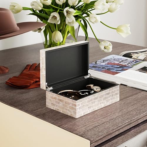 Miniatura 9 de PEMAR Capiz - Joyero de concha con tapas, rectangular, cofre del tesoro, estante decorativo de madera de nácar para joyas, bolsas de té, café,