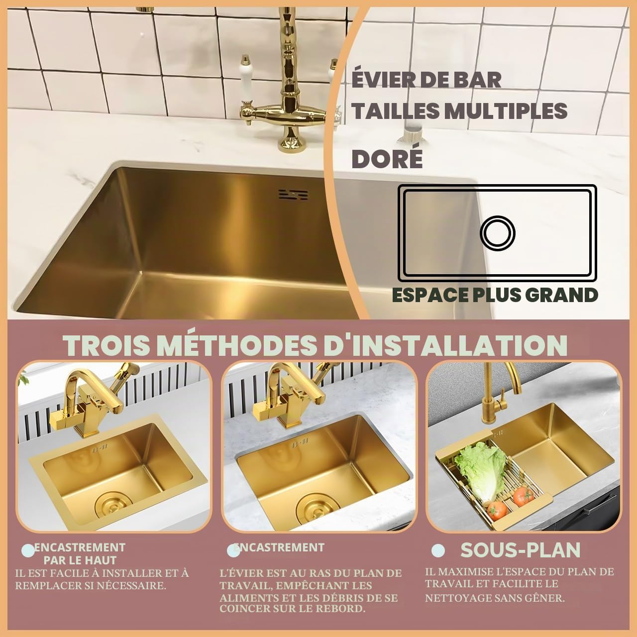 Évier de cuisine, rectangulaire, 60 x 40 cm, doré, 1 bac avec robinet en acier inoxydable, petit évier encastrable, avec drain doré et composants de montage, avec panier d'écoulement, évier