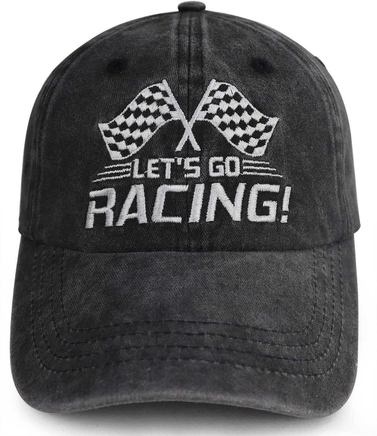 Let's Go Racing Hat for Men Women, Adjustable Embroidered Washed Cotton Checkered Flags Race Car Baseball Cap
