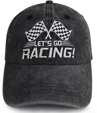 Lets Go Racing Hat for Men Women, Adjustable Embroidered Washed Cotton Checkered Flags Race Car Baseball Cap
