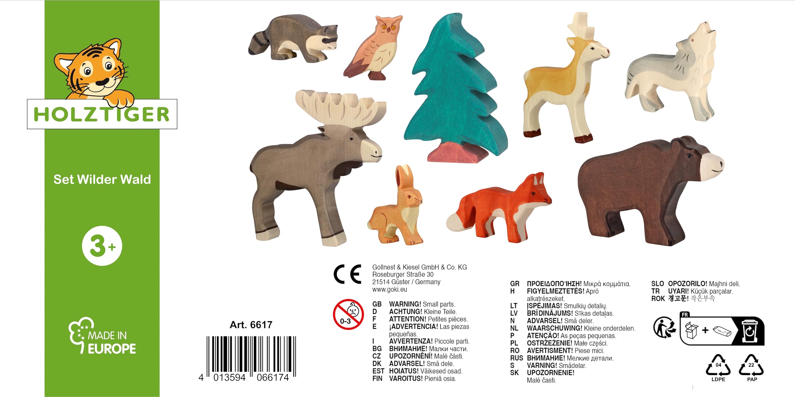 Holztiger 6617 Set Wilder Wald - 9 Spielfiguren aus Holz, Braunbär, Elch, Fuchs, Hase, Wolf, Rehbock, Waschbär, Uhu und Nadelbaum, handbemalte Spielzeugtiere für Kinder, Made in Europe