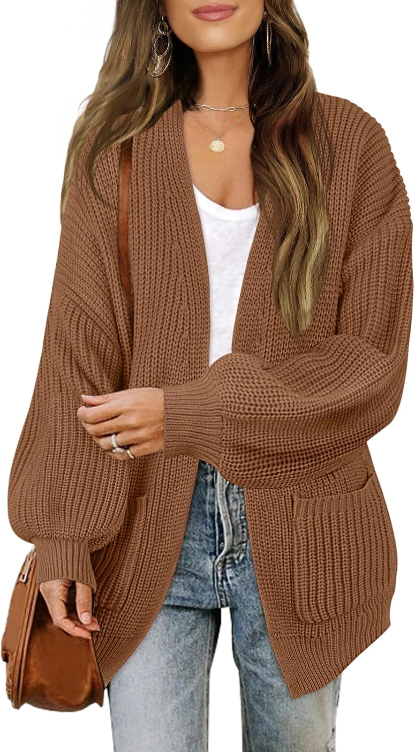 MEROKEETY Women's 2025 Open Front Chunky Cardigans Lantern Long Sleeve Oversized Knit Outwear with Pocket