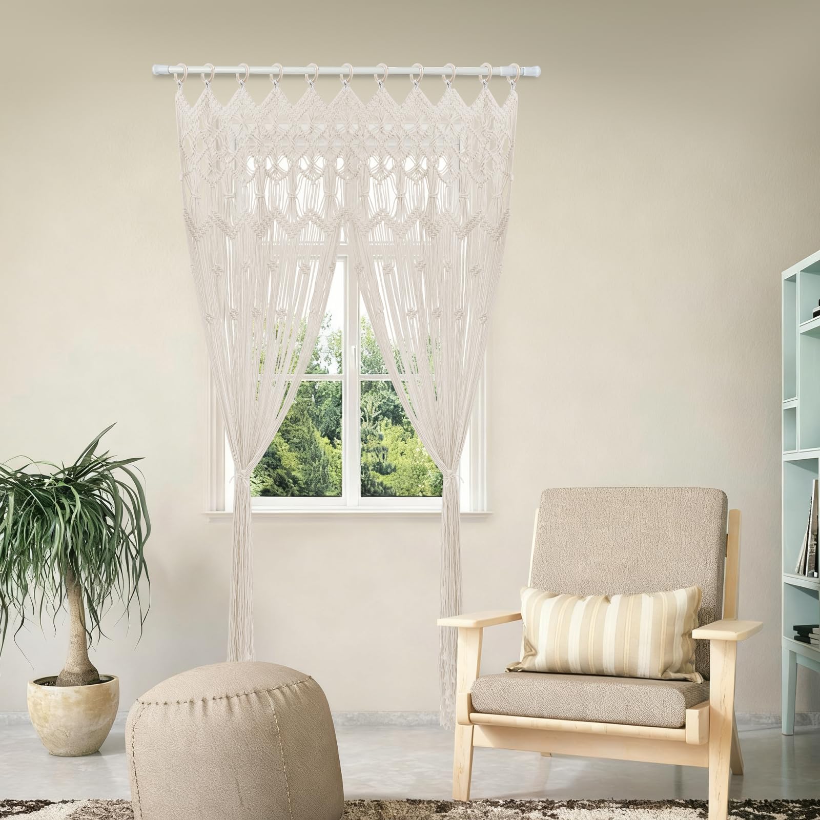 Rideau en macramé - Style bohème - Tapisserie murale - Rideau de fenêtre - Rideau en coton - Séparateur de pièce - Tissé - Rideau décoratif pour salon, chambre à coucher - 120 x 195 cm