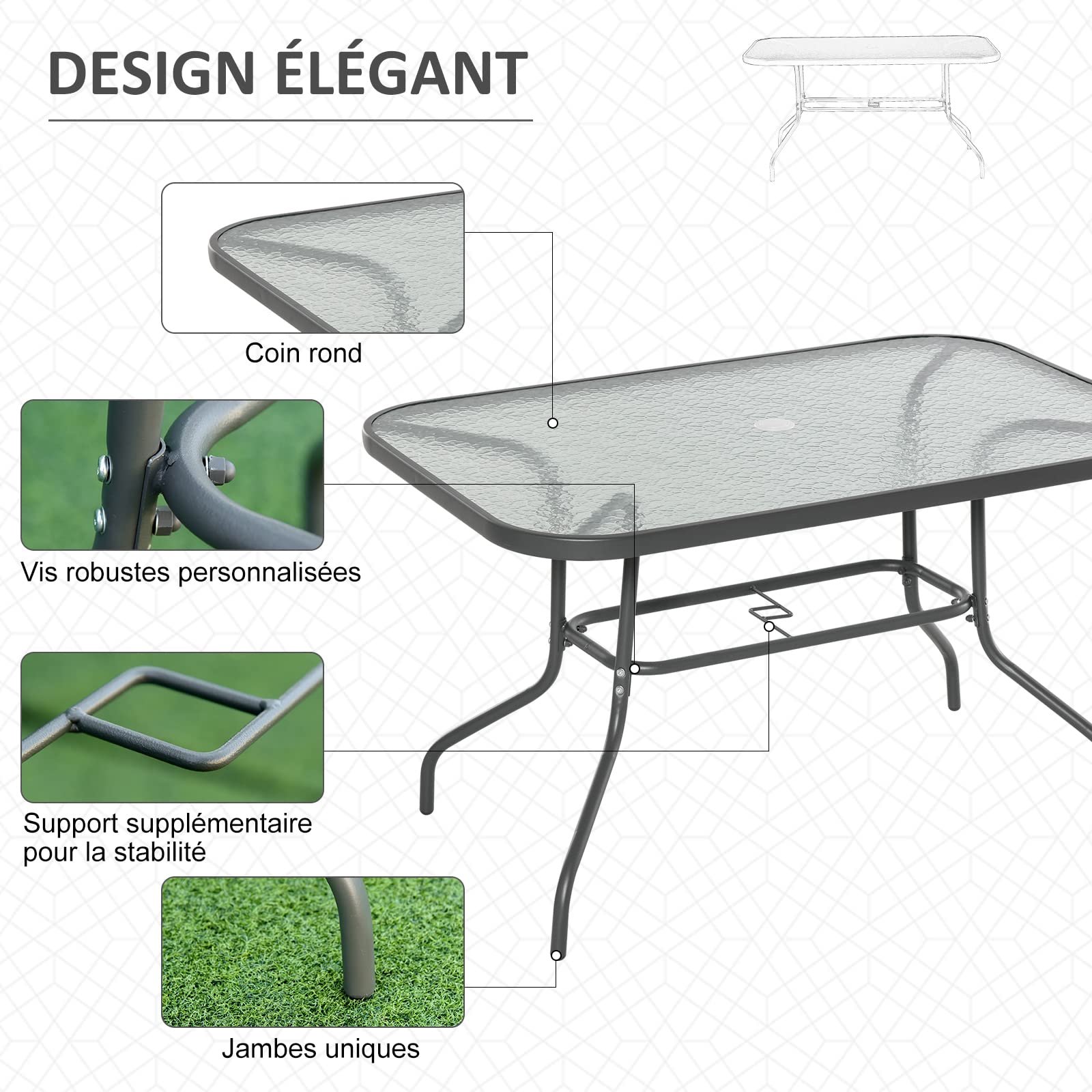 Outsunny Table de Jardin rectangulaire 120x80x70 cm métal époxy Gris Verre trempé