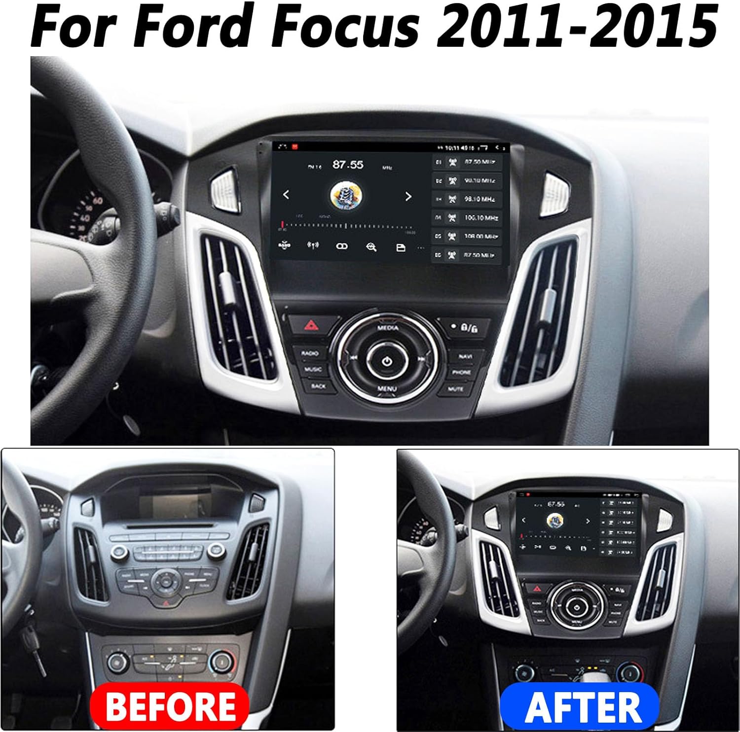Android 13 Radio Double Din Car Stereo Sat Nav for Ford Focus (2011-2015) GPS Navigation 9'' Headunit MP5 Multimedia Video Player FM Receiver with WiFi DSP Carplay(Size:Octa Core 4+64 G)